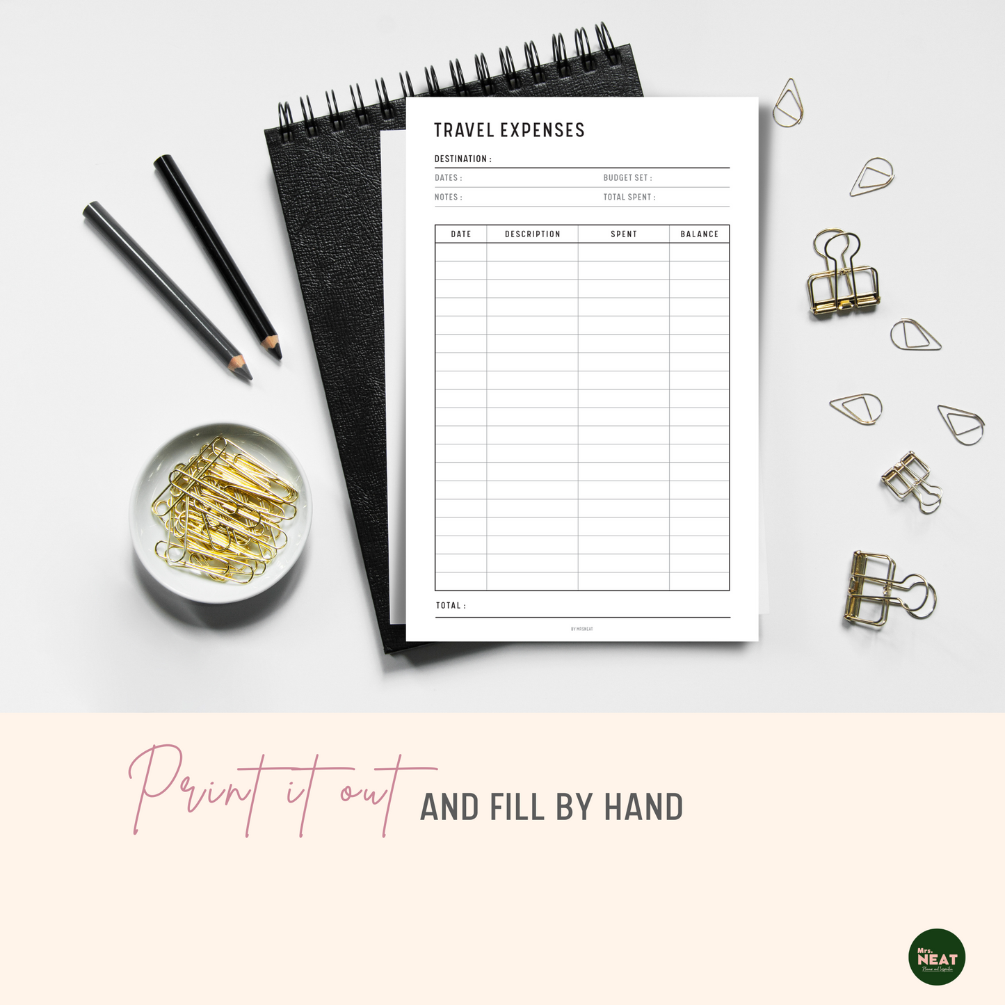 Travel Expenses Tracker Planner Printable printed out on the paper with stationery surround