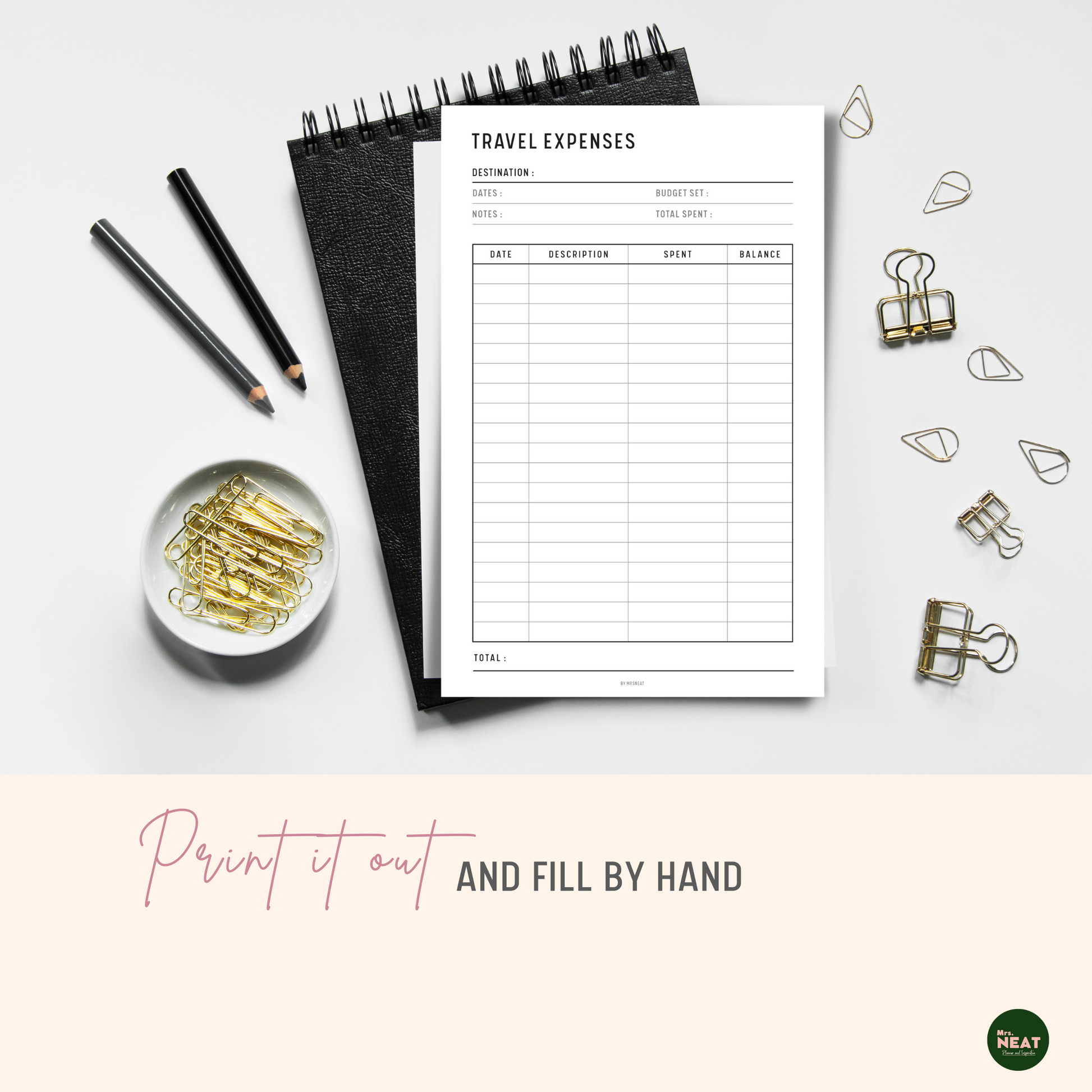 Travel Expenses Tracker Planner Printable printed out on the paper with stationery surround