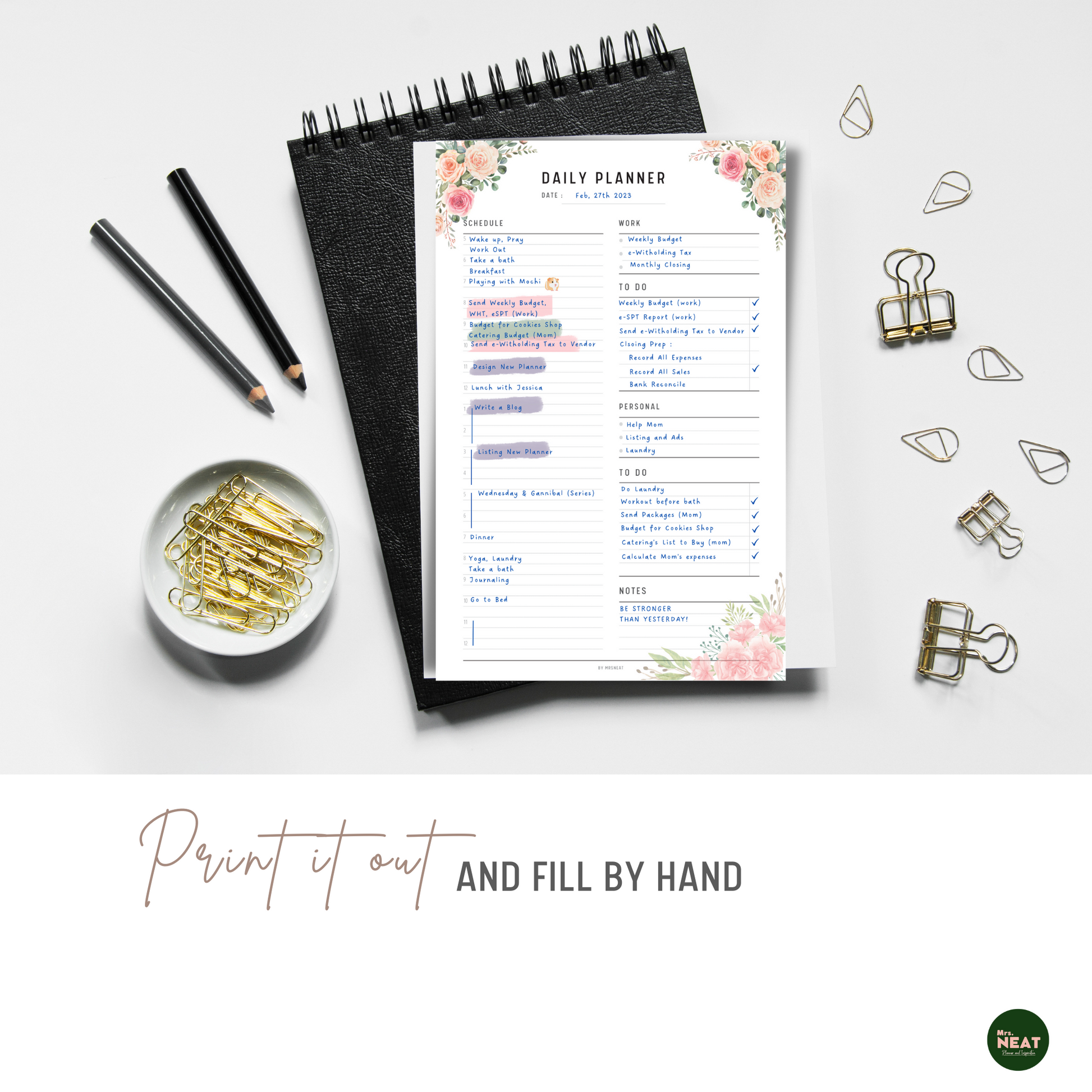 Floral Work from Home Planner Printable printed out on the paper