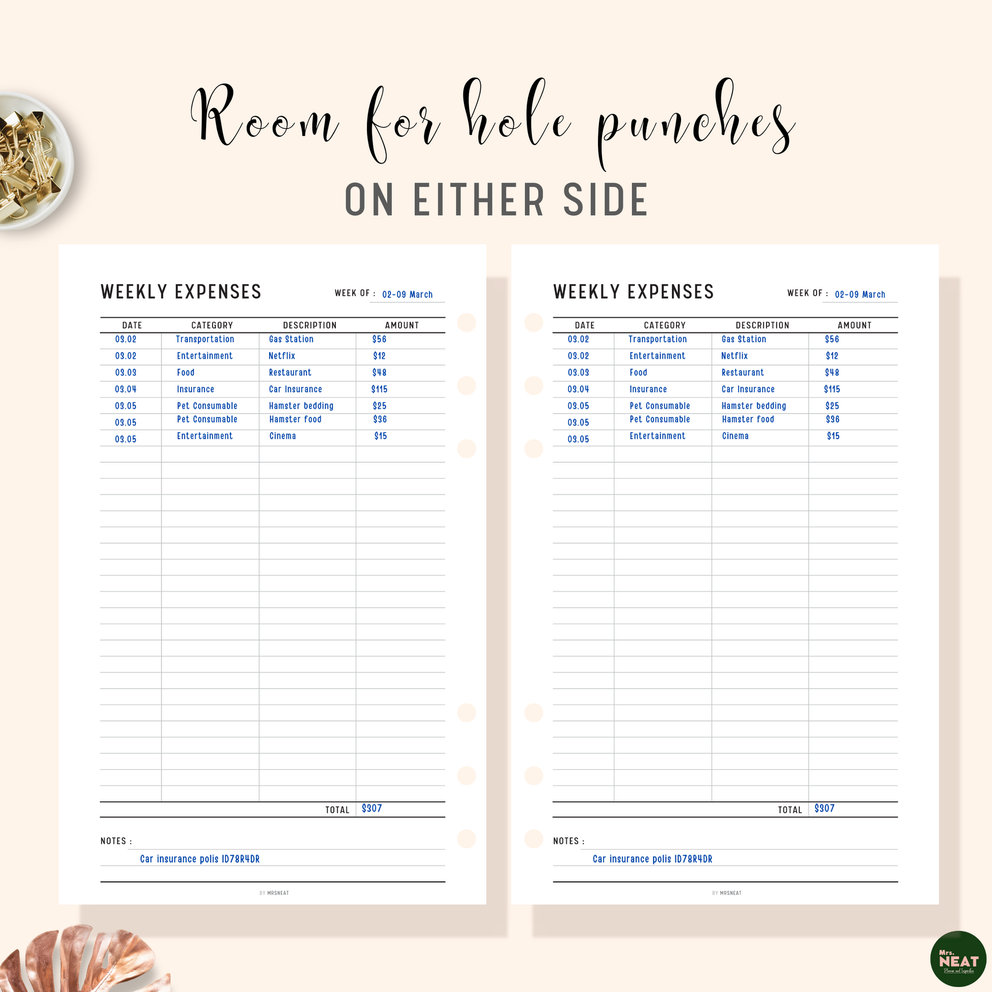 Minimalist Weekly Expenses Tracker Planner Printable with room for hole punches on either side