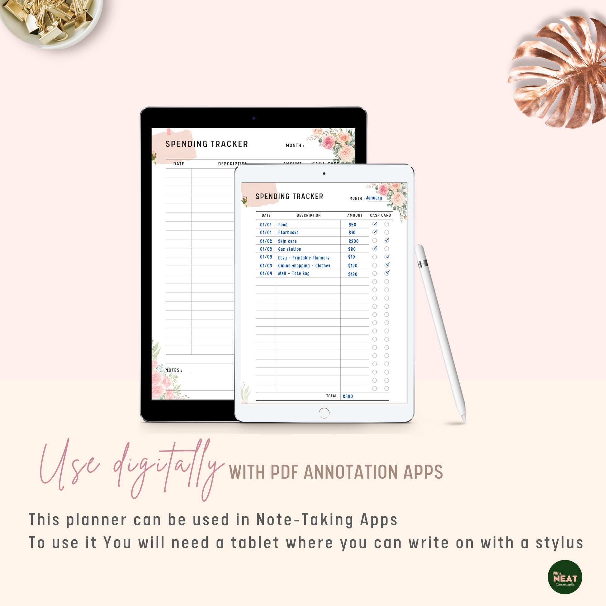 Floral Spending Tracker Planner used Digitally with Tablet and Stylus