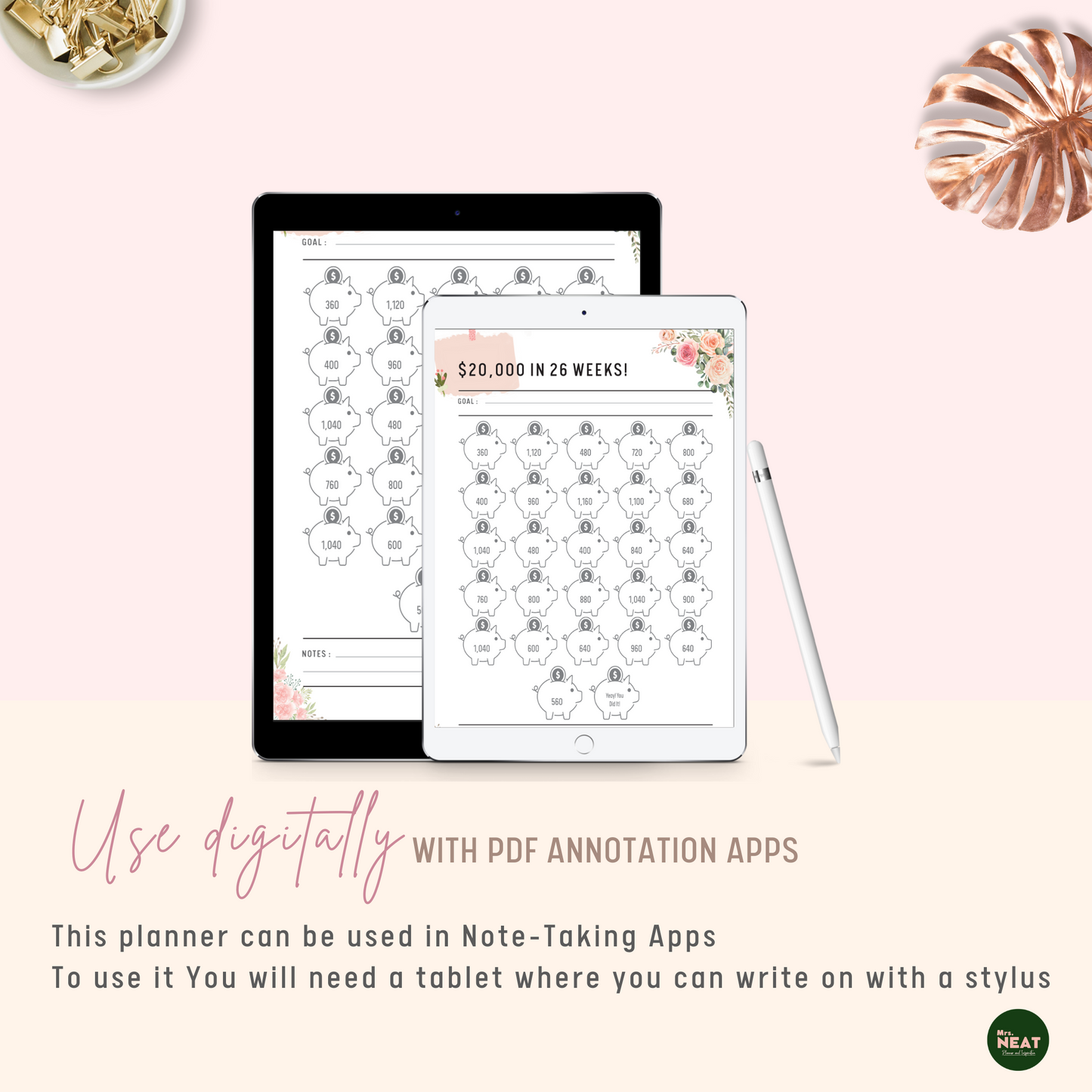 The Beautiful Floral $20,000 Savings Challenge in 6 Months planner can be use digitally with pdf annotation apps