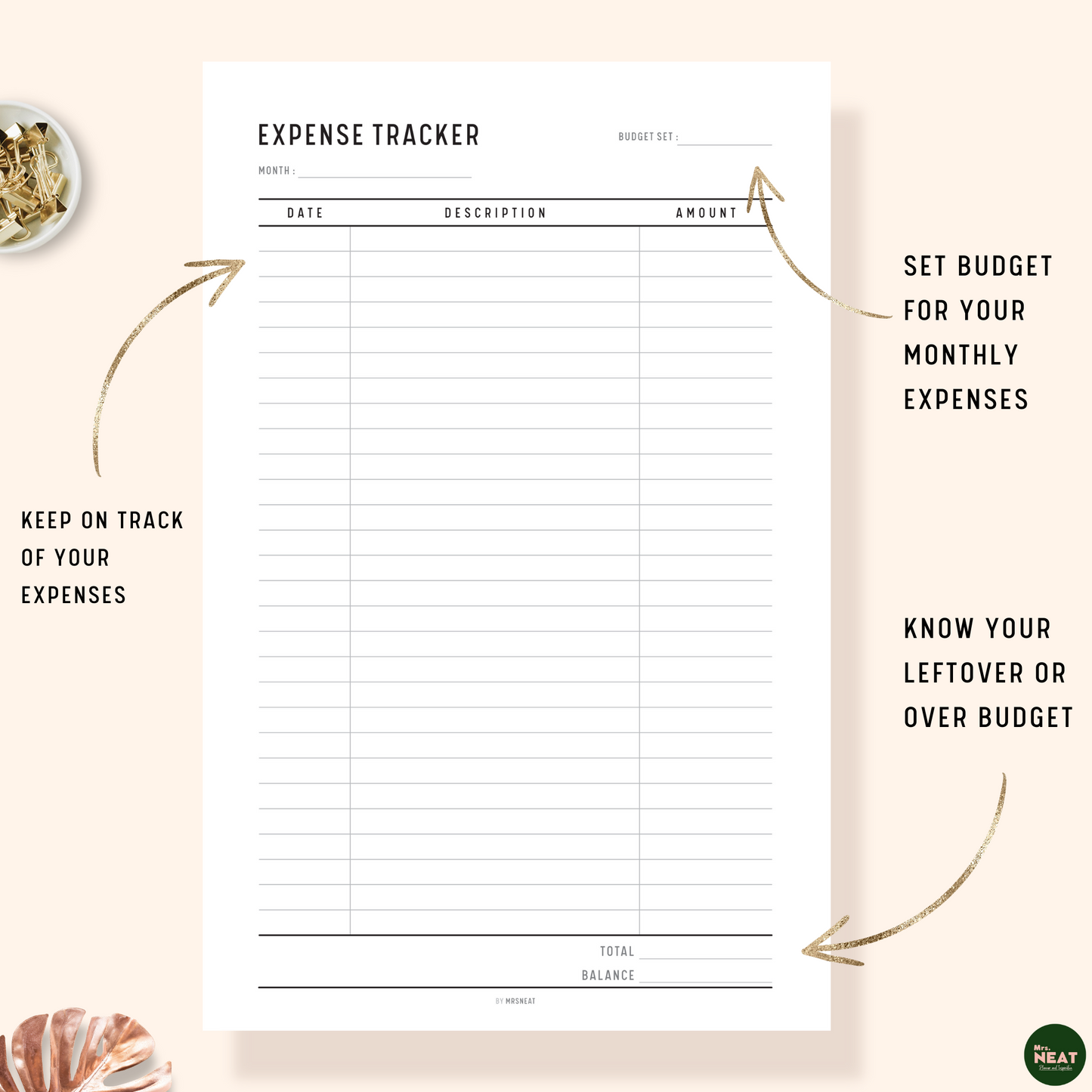 Expense Tracker Planner with room for monthly projected, actual expenses, and left over money