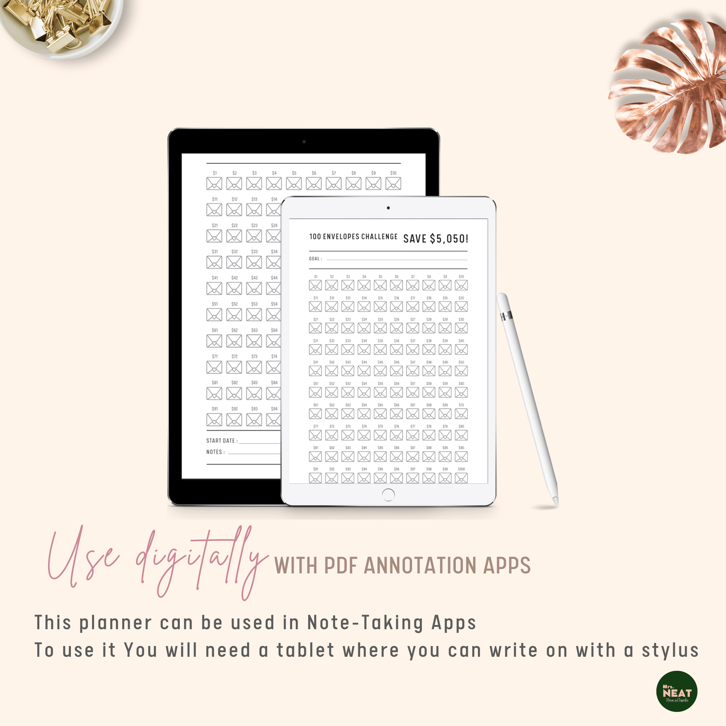 100 envelope money saving challenge to save $5050 Planner used digitally with Tablet and Stylus