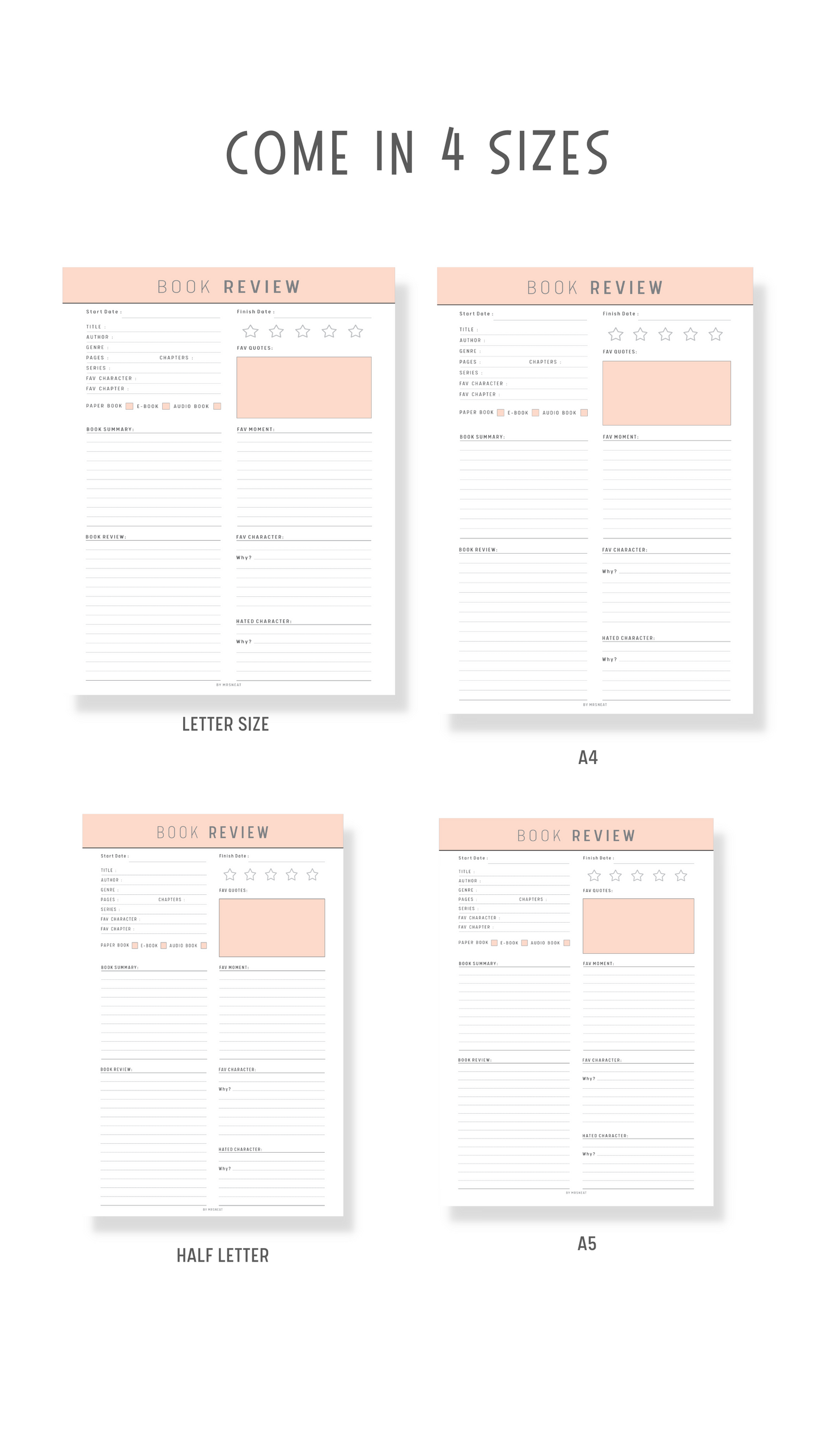 4 Pages Beautiful Pink Blush Book Review Planner in A4, A5, Letter and Half Letter sizes
