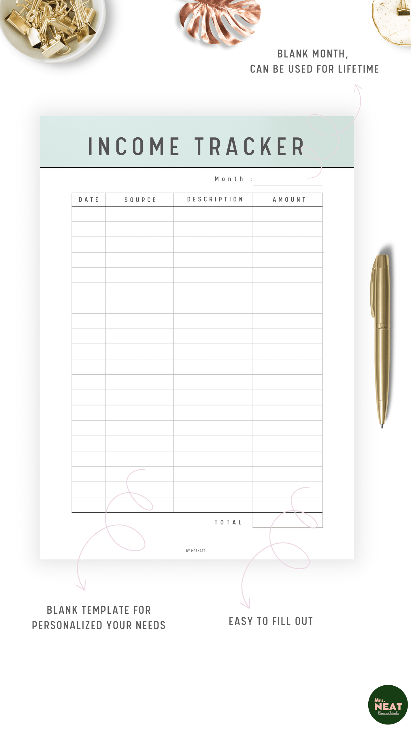 Income Tracker Printable Planner - M163 – mrsneat