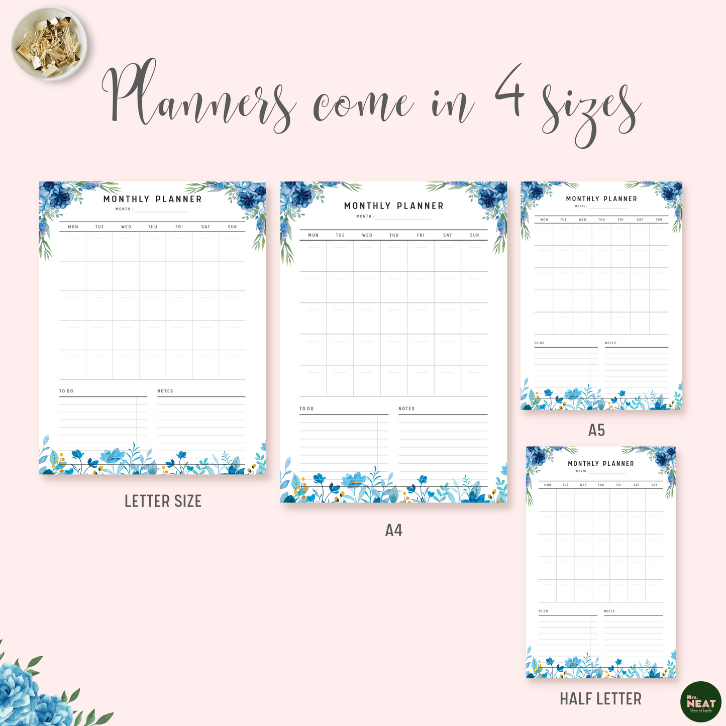 Blue Floral Monthly Planner Printable in A4, A5, Letter and Half Letter size