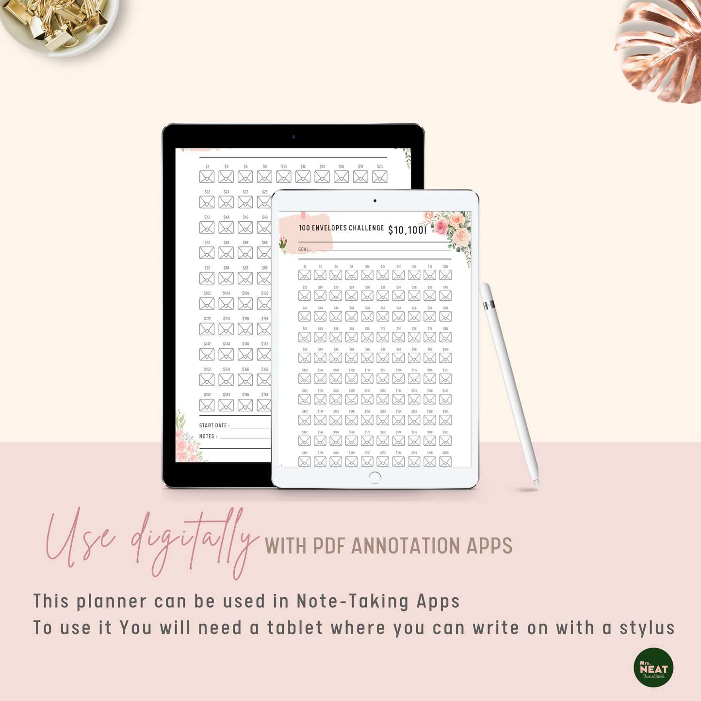 Floral $10,100 in 100 Envelopes Challenge Planner can be use digitally with PDF Annotation Apps