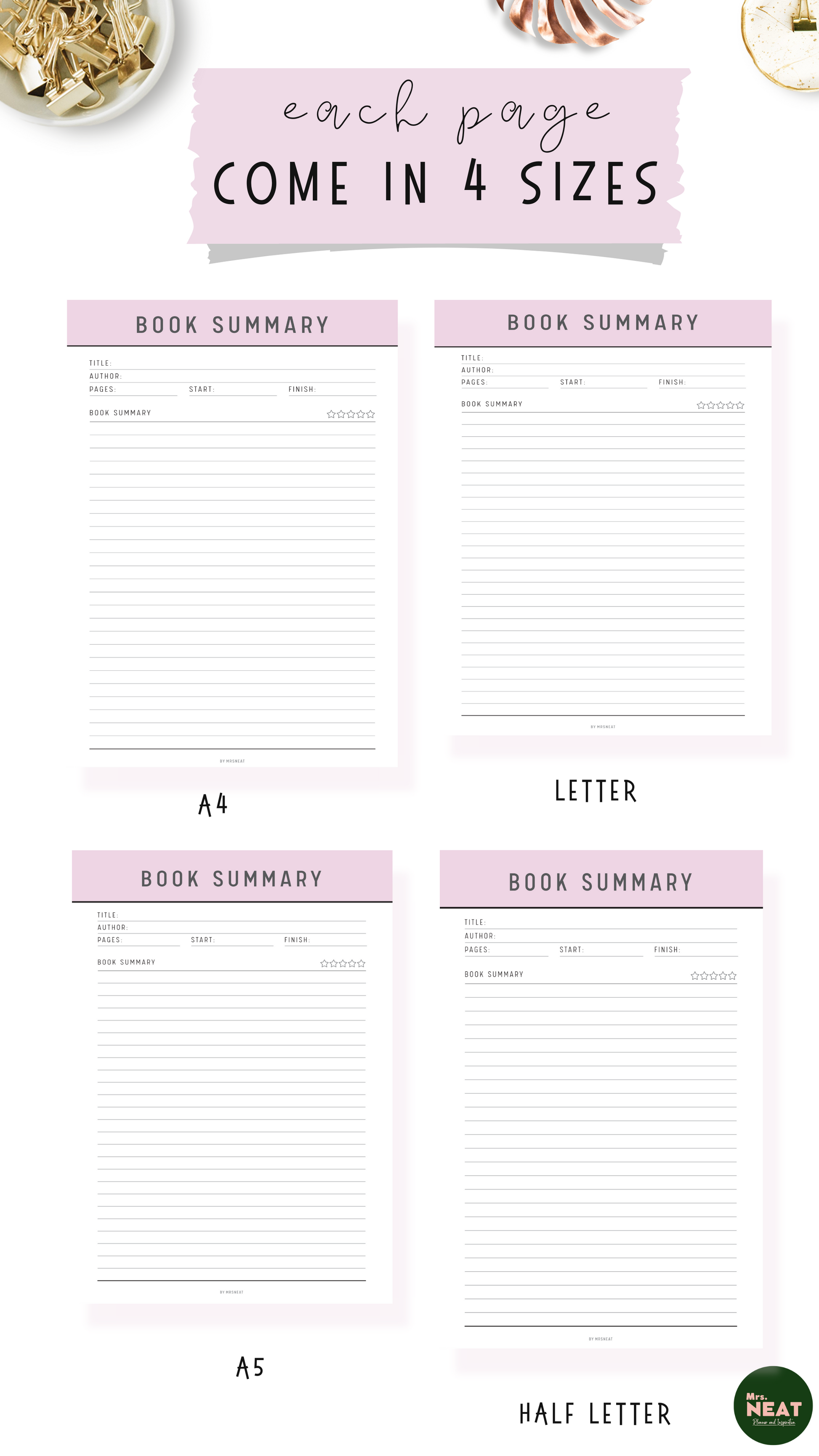 Beautiful Pink Book Summary in Letter size, A4, A5 & Half Letter size