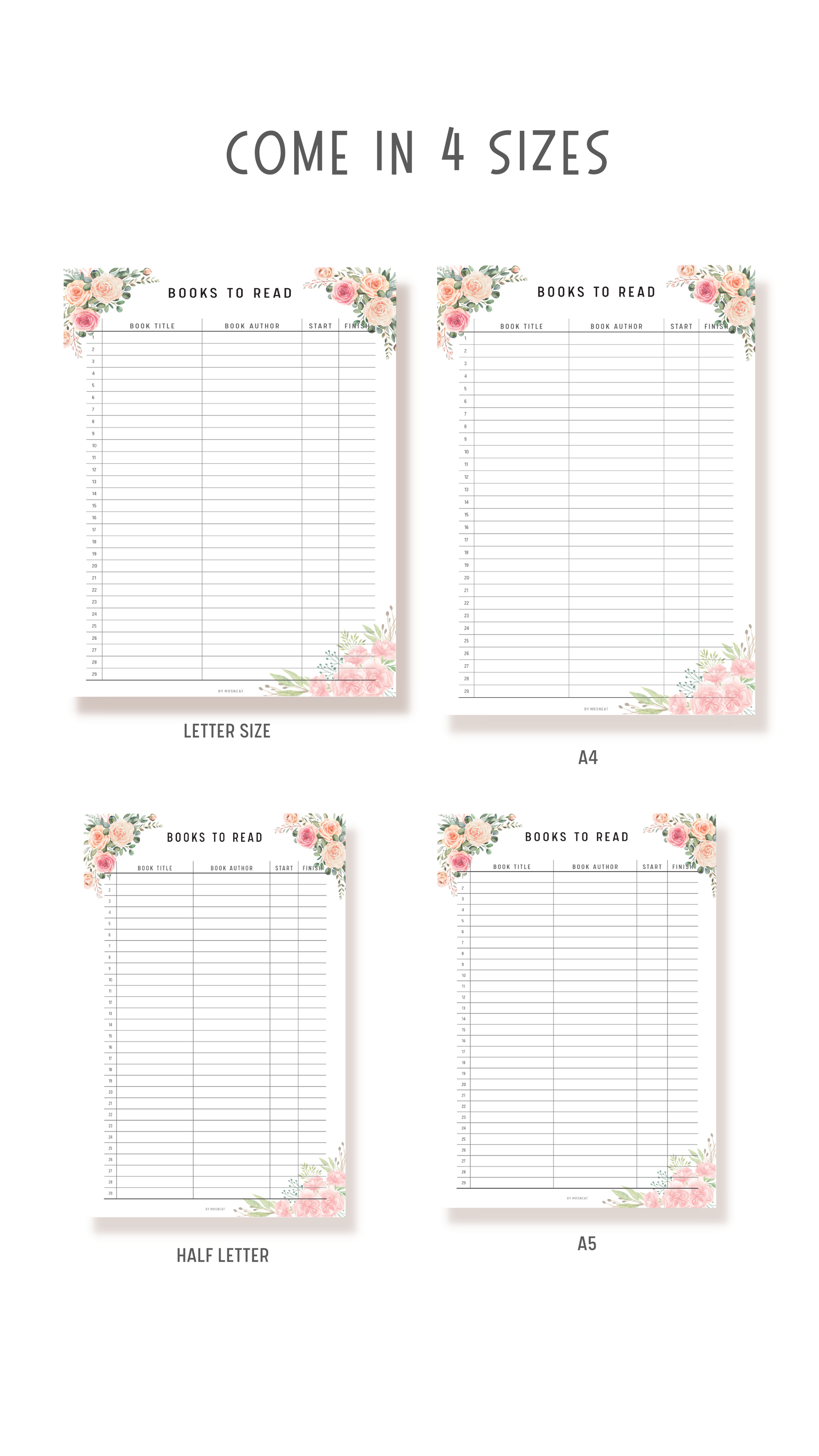 Beautiful Floral Books to Read Planner in A4, A5, Letter and Half Letter size