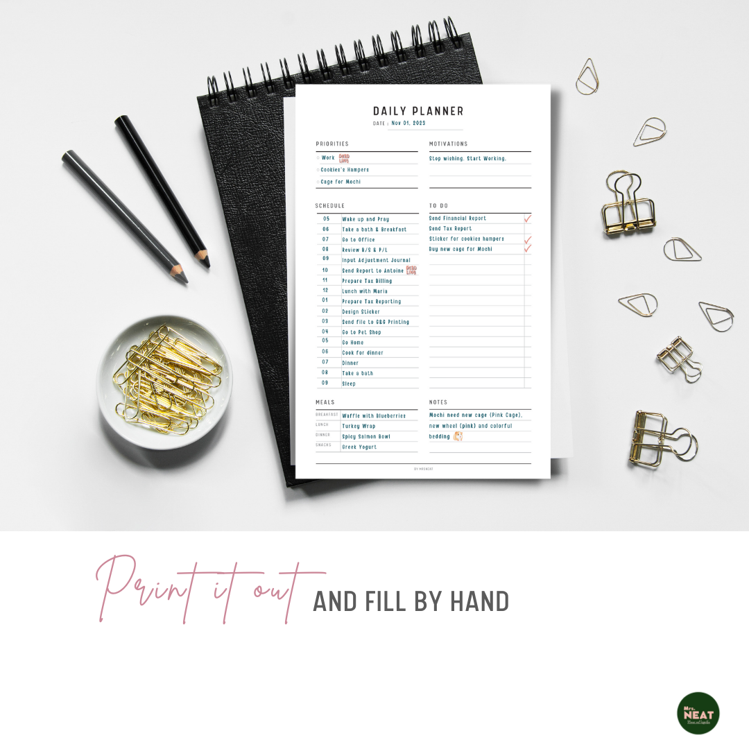 Minimalist Daily Planner Printable printed out on the paper with stationery surround