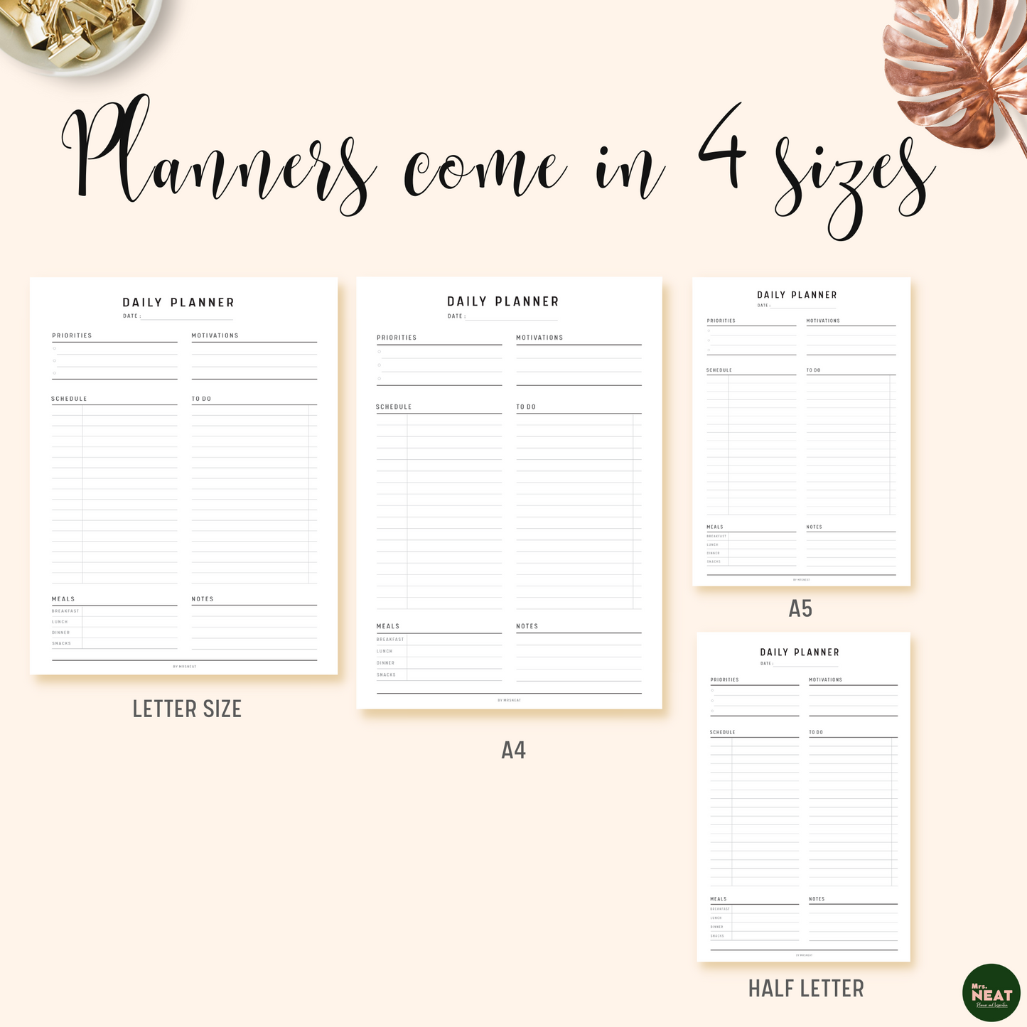 Daily Planner Printable in A4, Letter, A5 and Half Letter size