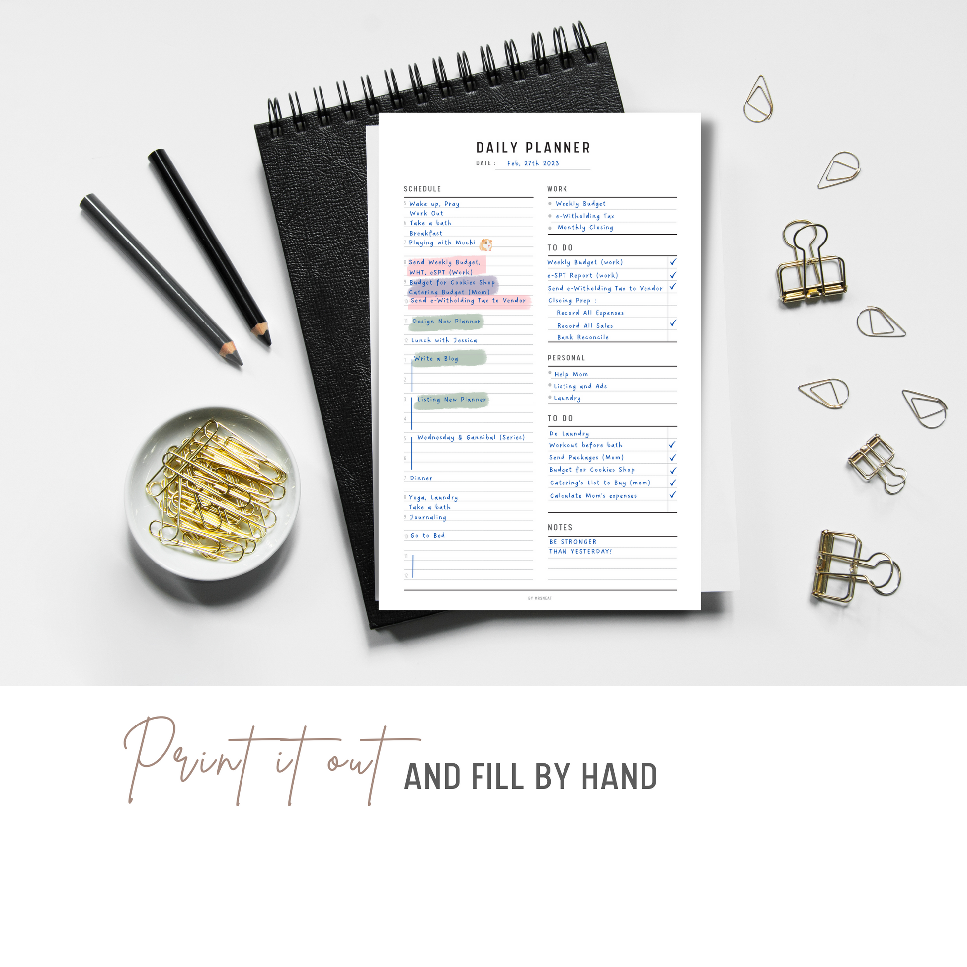 Work from Home Daily Planner Printable printed out on the paper 