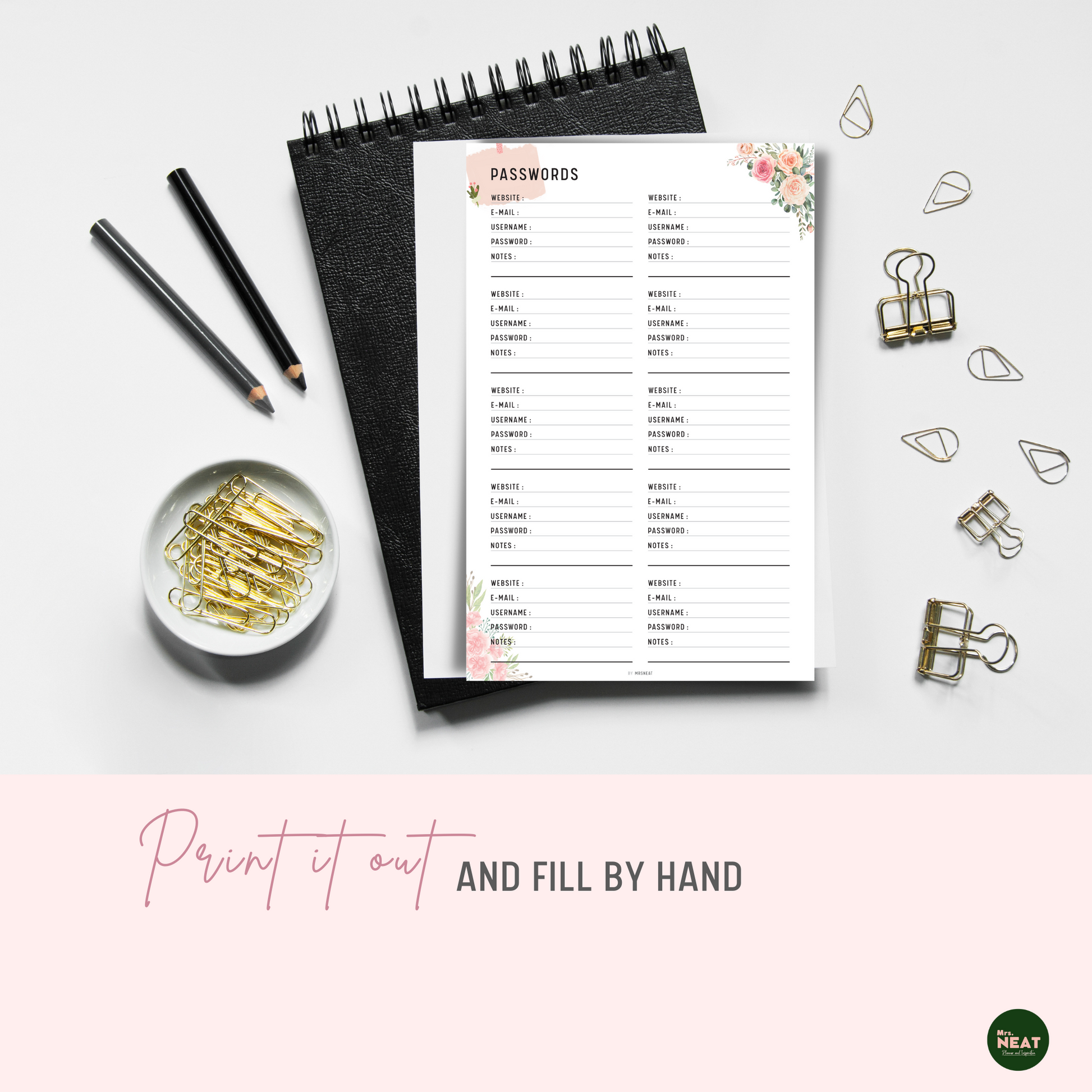Floral Password Tracker Planner Printable printed out on the paper