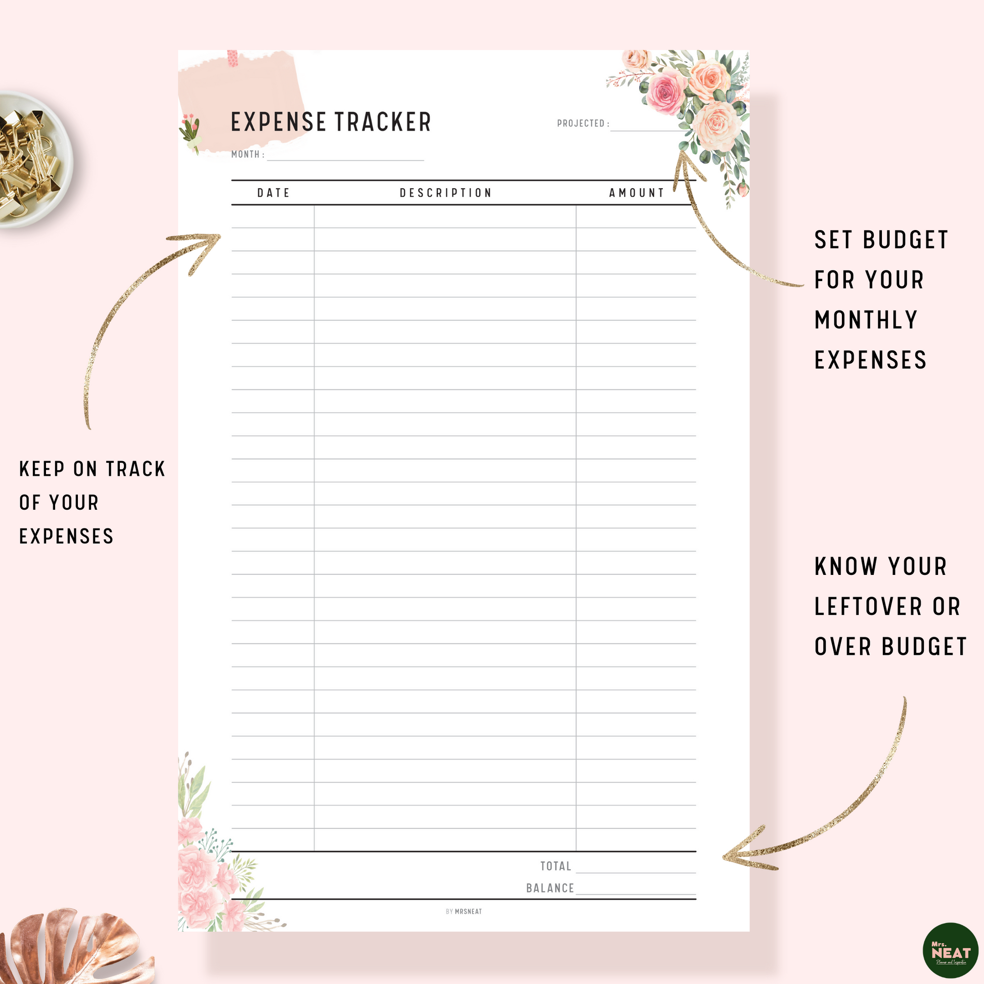 Floral Expense Tracker Planner with room for monthly projected, actual expenses, and left over money