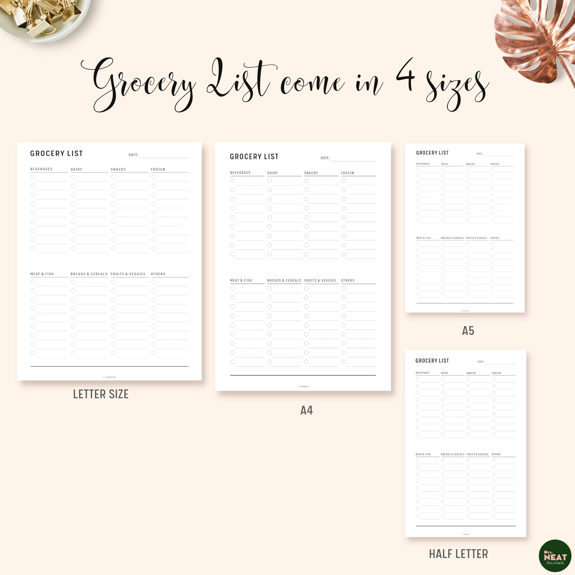 Minimalist Grocery Shopping List Planner Printable in A4, A5, Letter and Half Letter size