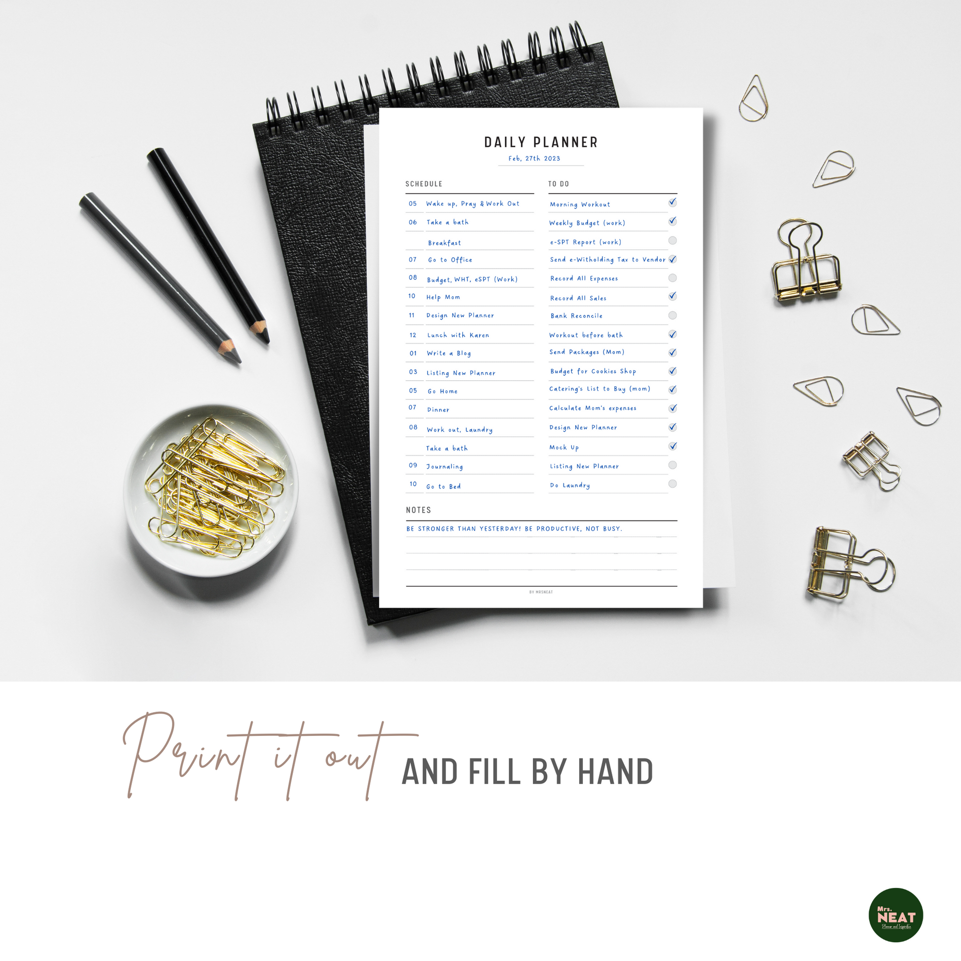 Simple Daily Planner Printable printed out on the paper with stationery surround