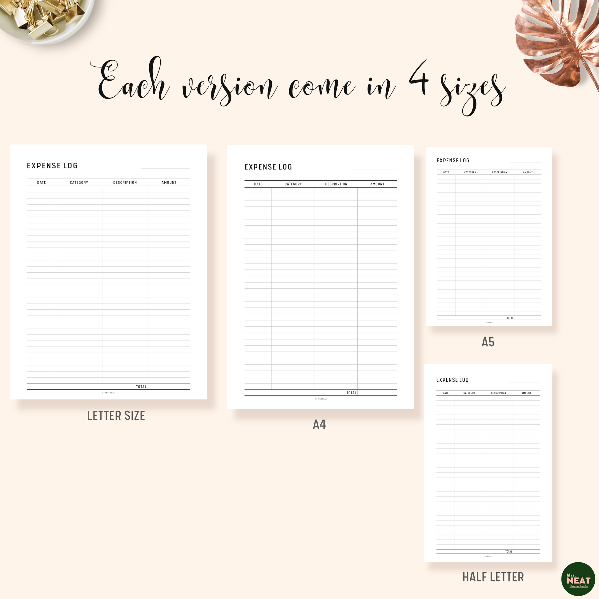 Expense Log Tracker Printable Planner in A4, A5, Letter and Half Letter size