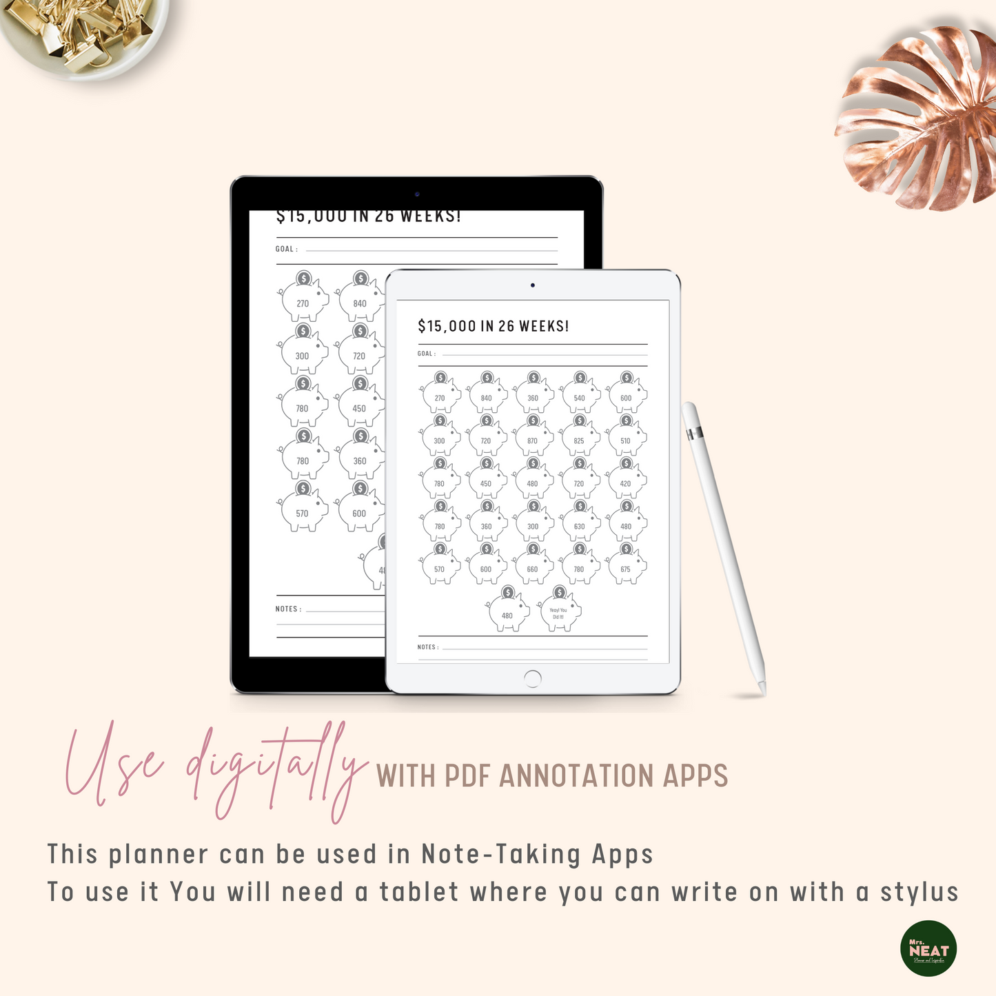 $15,000 Savings Challenge in 26 Weeks Planner can be use digitally with PDF Annotation Apps