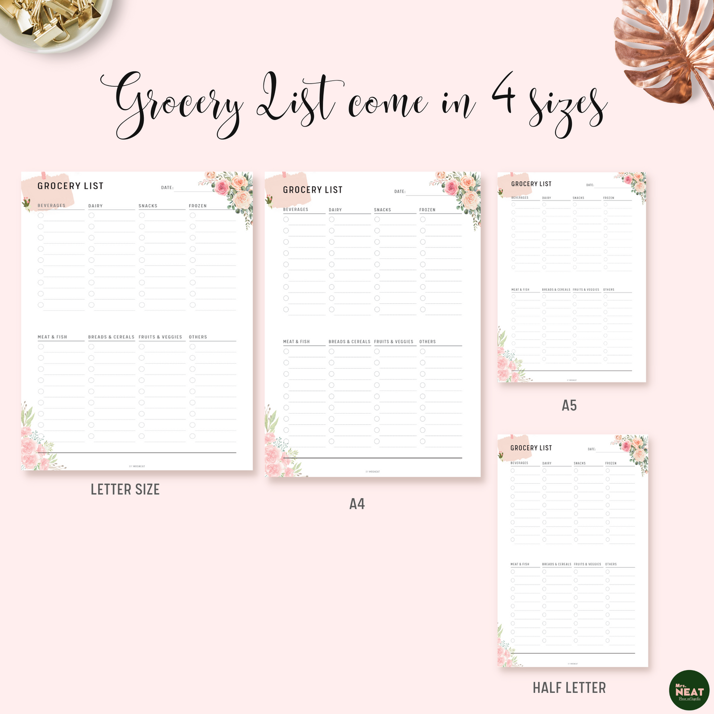 Pink Floral Grocery Shopping List Planner Printable in A4, A5, Letter and Half Letter size