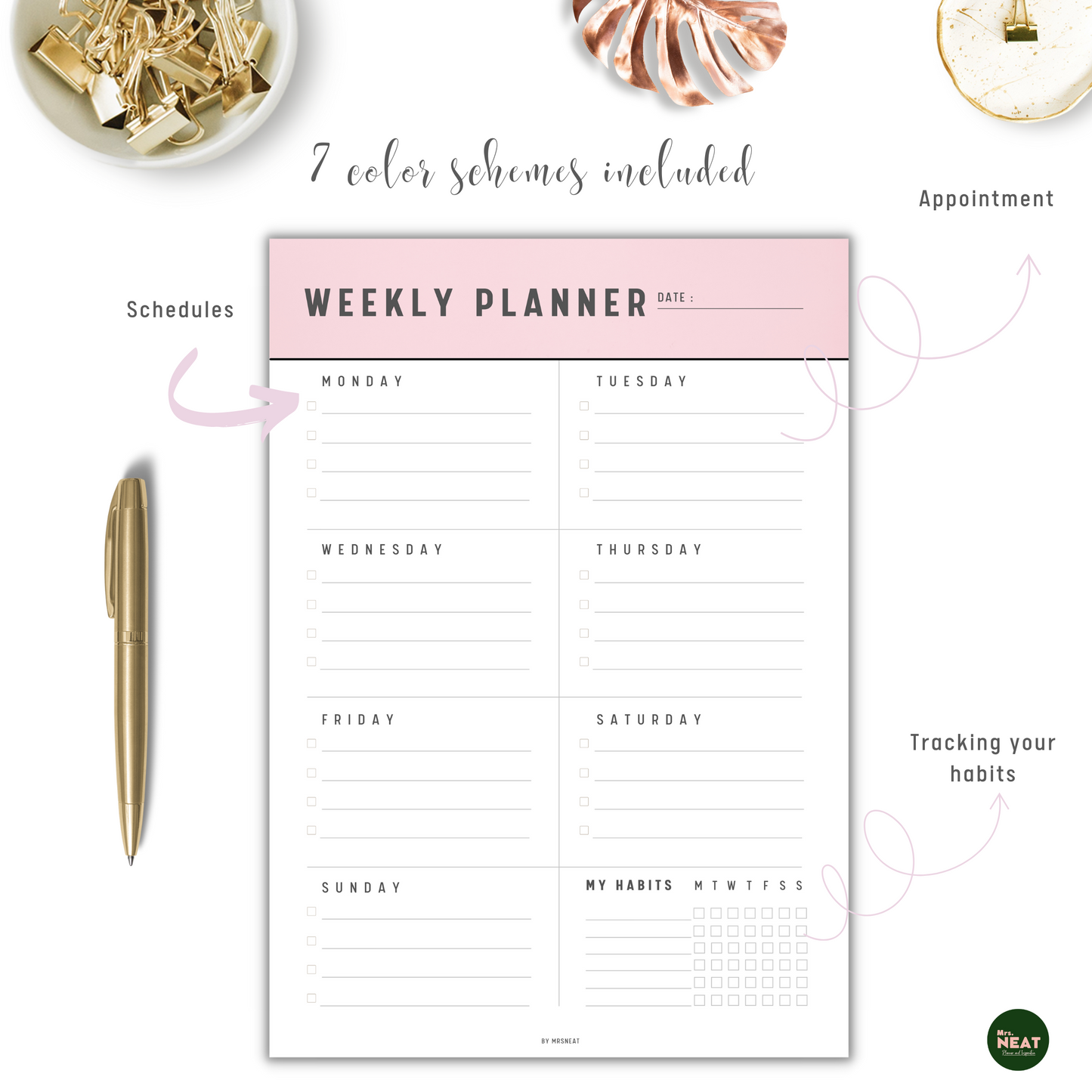 Soft Pink Weekly Planner with room for Appointment, Schedules, and Habit Tracker