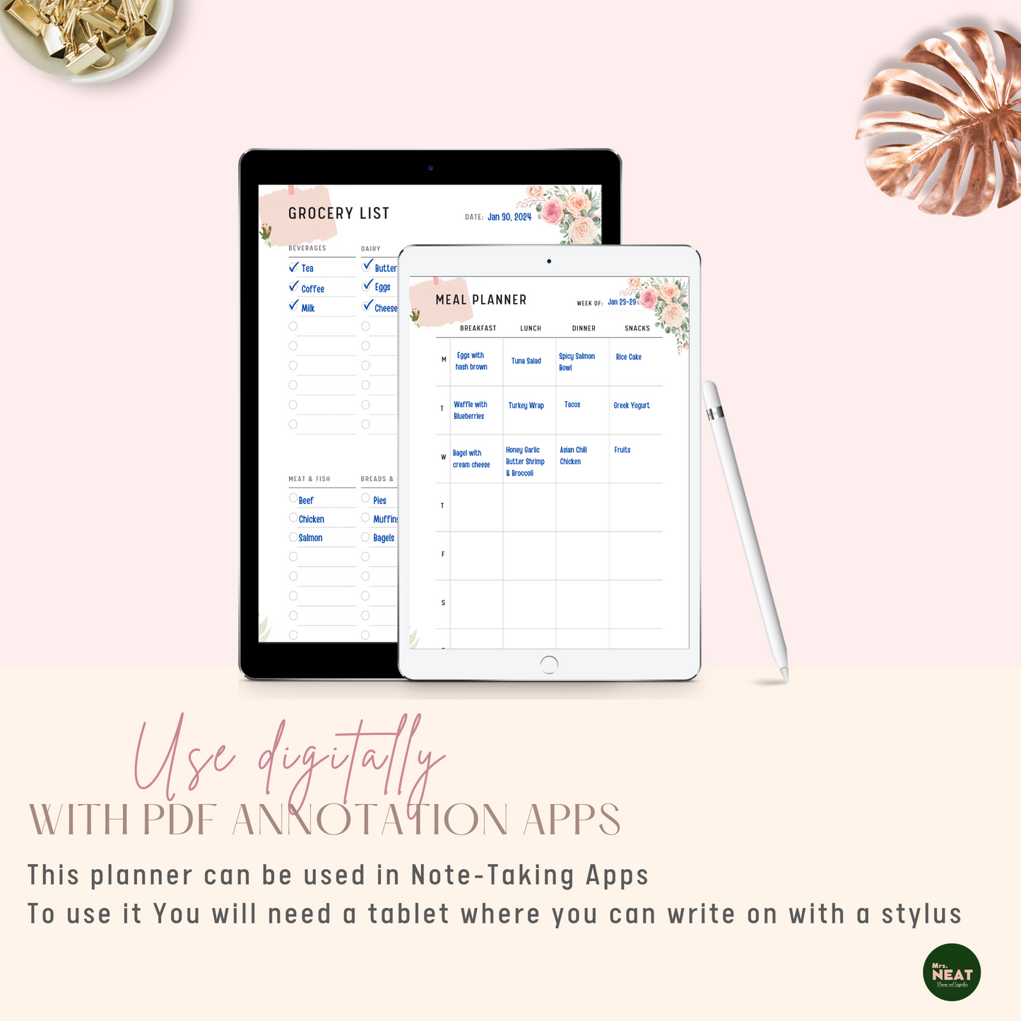 Floral Grocery Shopping List and Weekly Meal Planner used Digitally with Tablet and Stylus