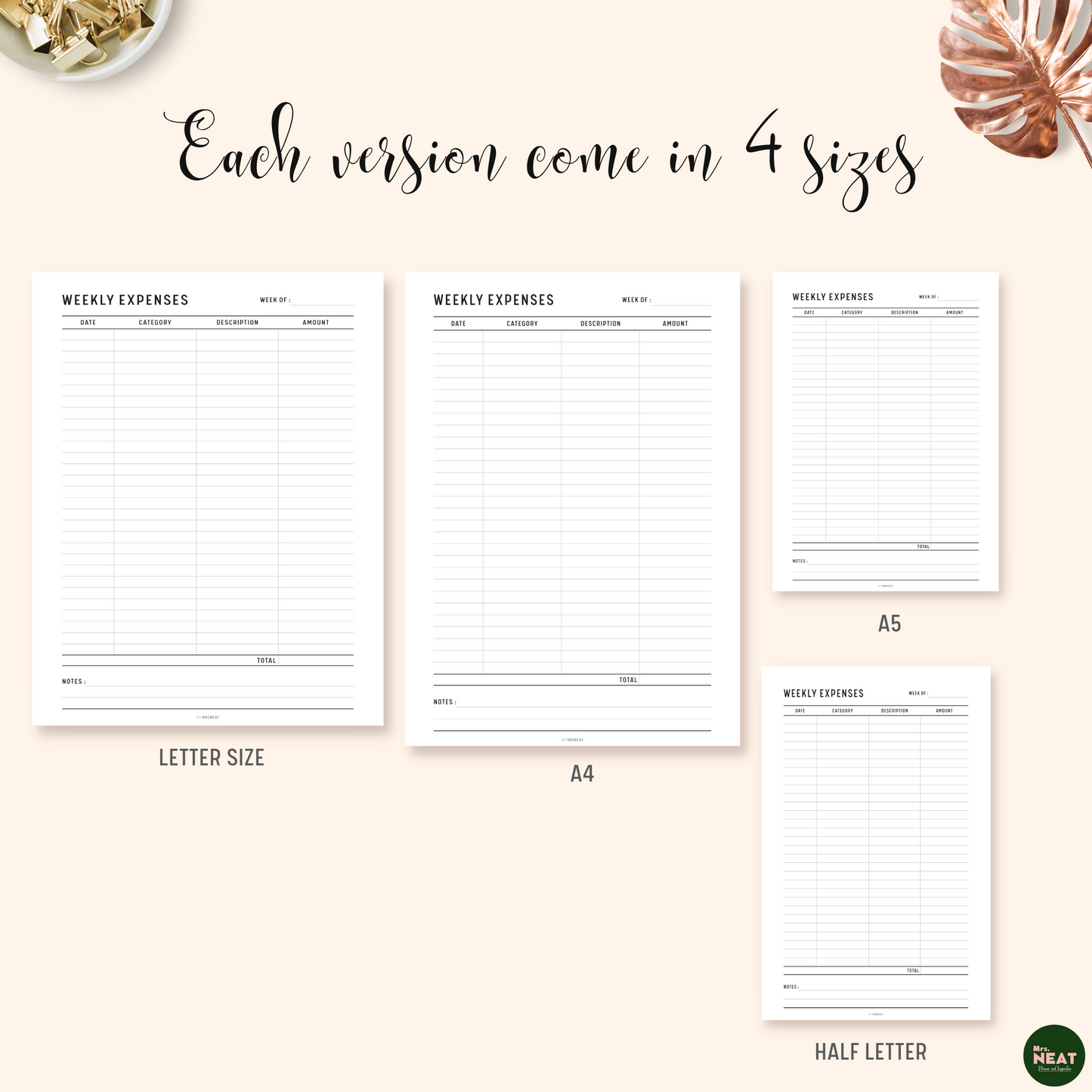 Minimalist Weekly Expenses Tracker Planner Printable in A4, A5, Letter and Half Letter size