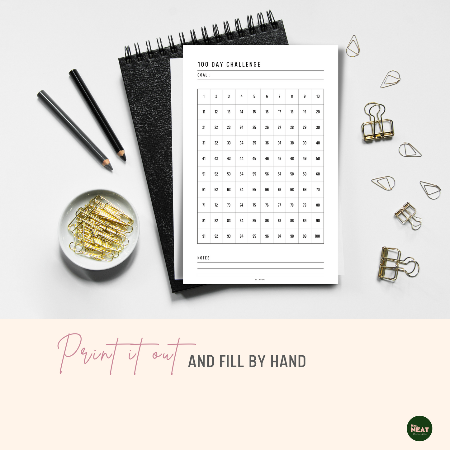 100 Day Challenge Habit Tracker Printable Planner printed out on the paper