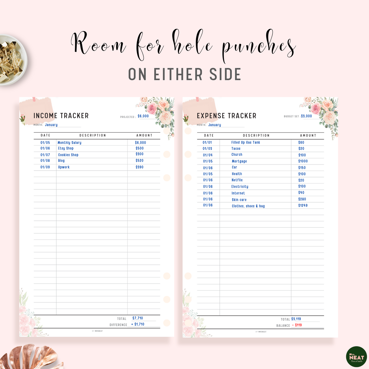 Floral Income and Expense Tracker Planner Printable with room for hole punches on either side