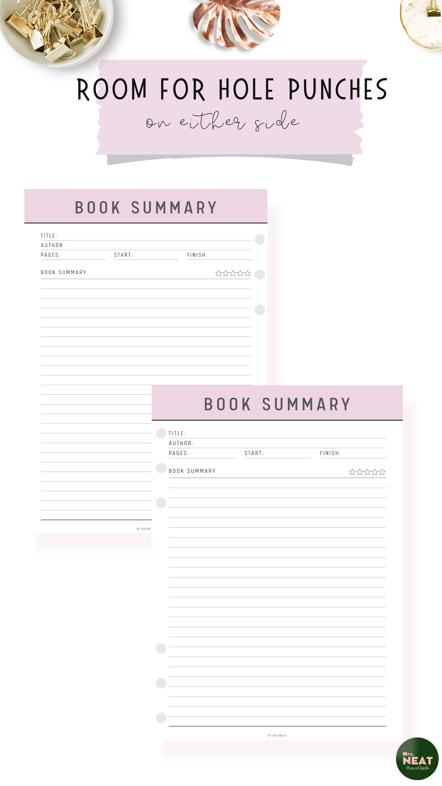 Cute and Clean Pink Book Summary Planner with room for Hole Punches on either side