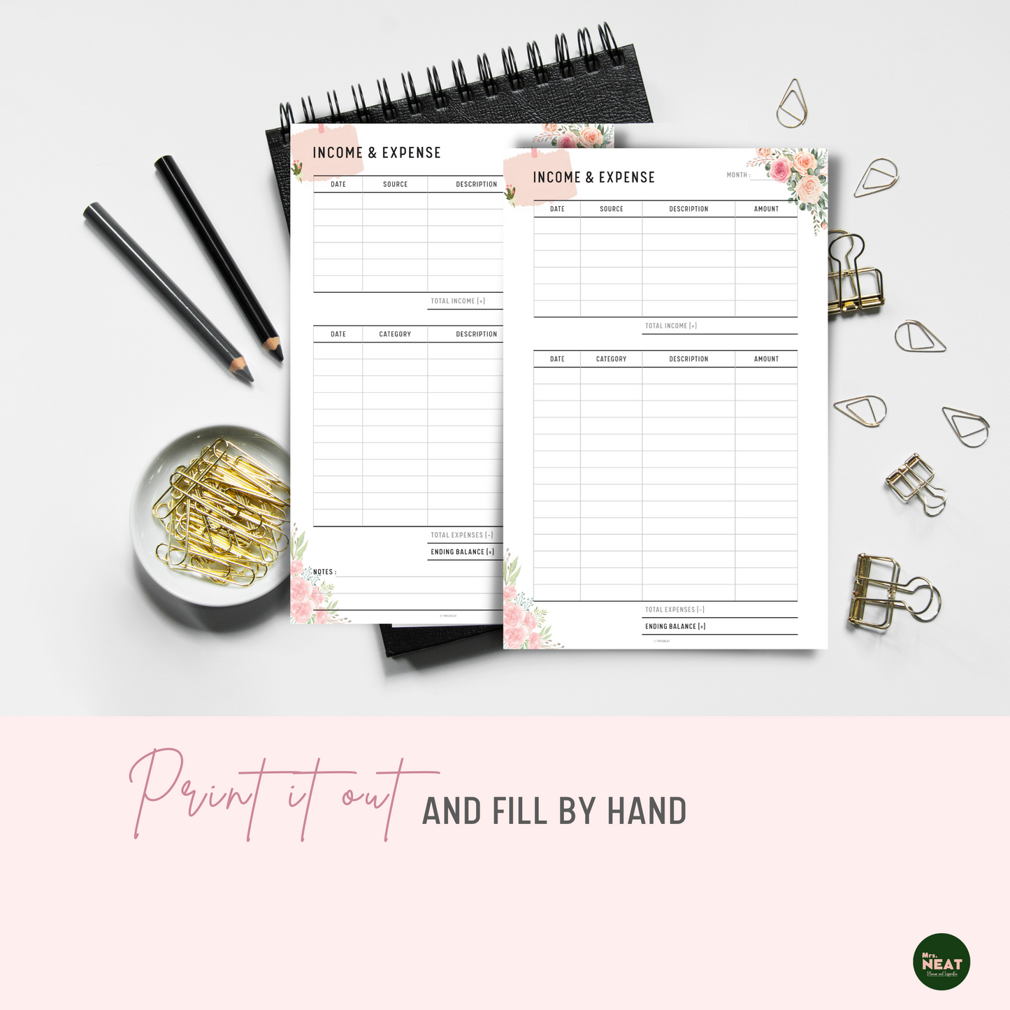 2 pages of Floral Income and Expense Tracker Printable printed out on paper and put on the black book