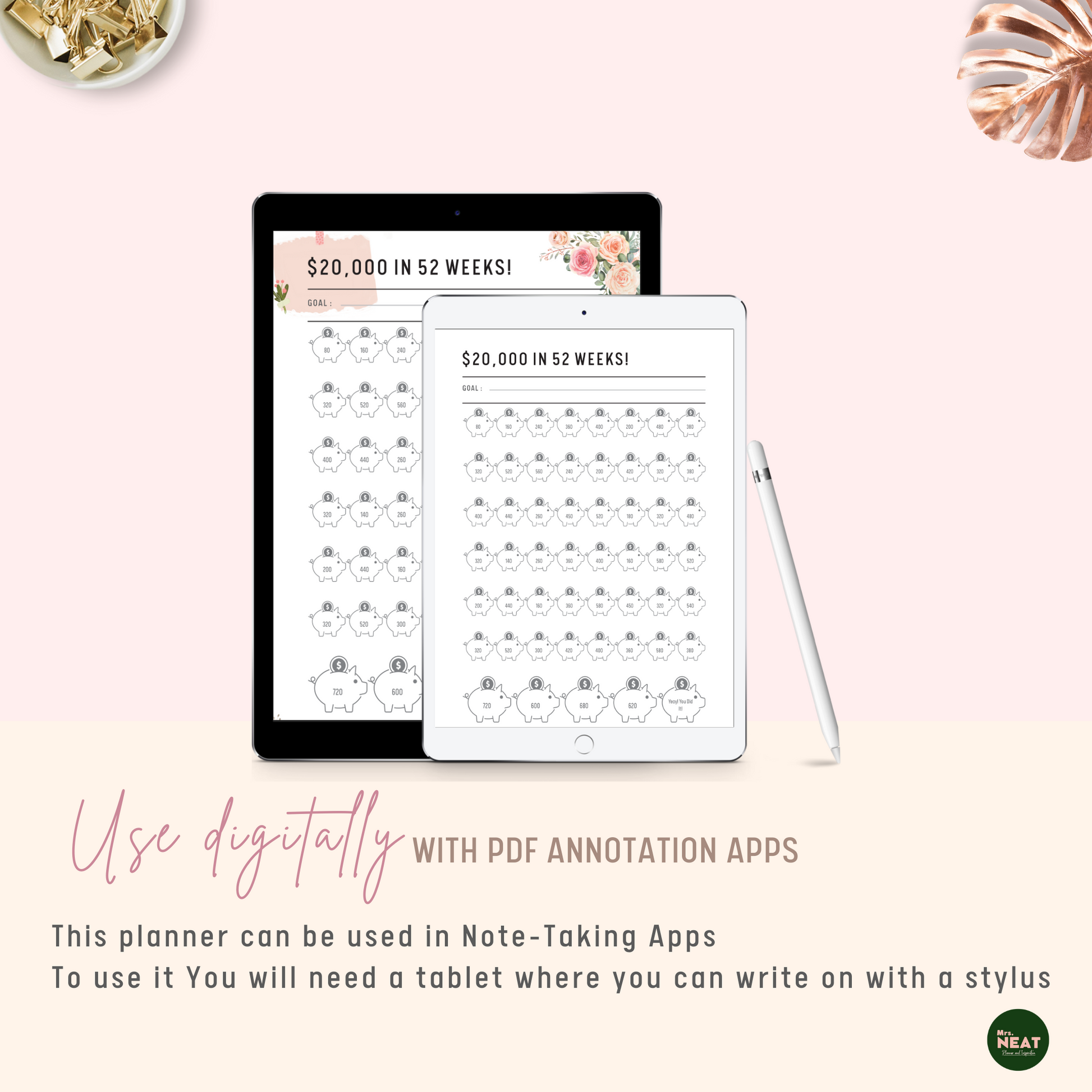 $20,000 Savings Challenge in 52 Weeks Planner can be use digitally with PDF Annotation Apps 