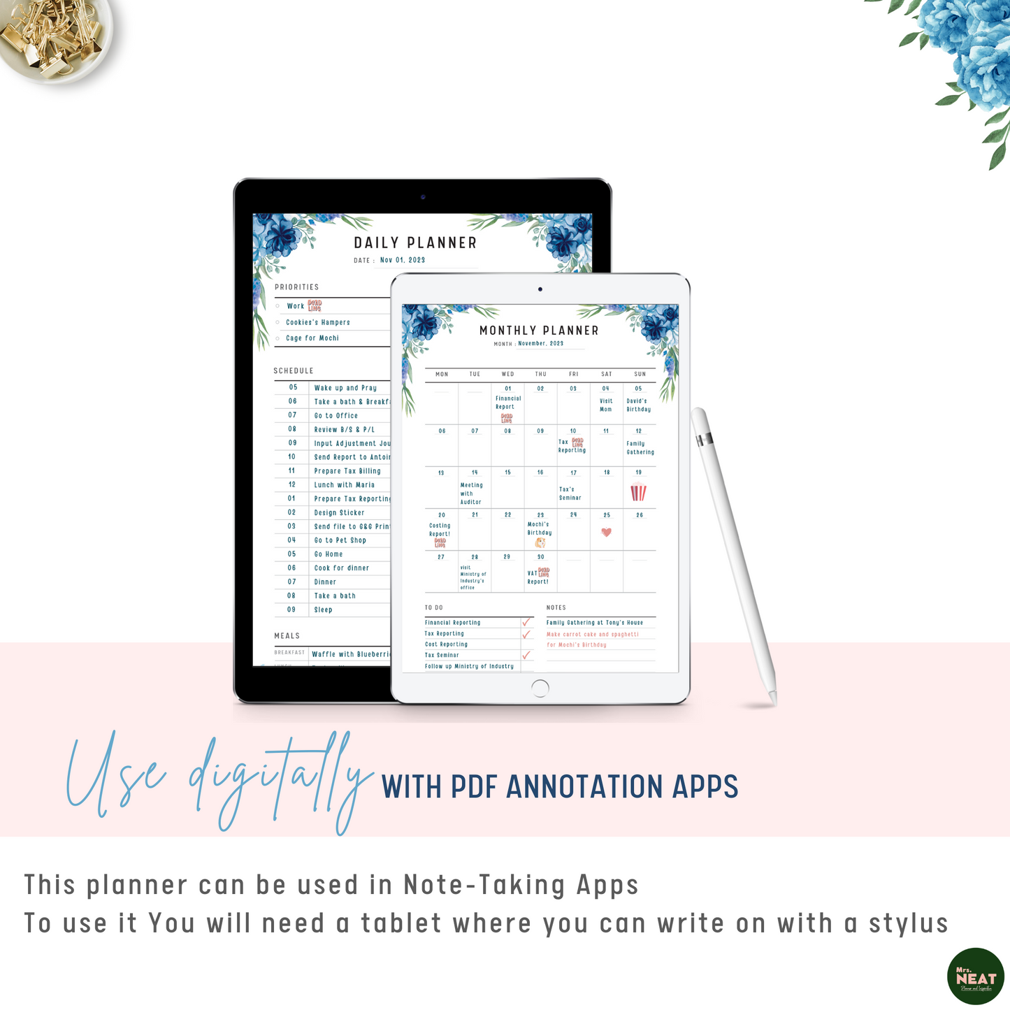 Blue Floral Daily and Monthly Planner used Digitally with Tablet and Stylus