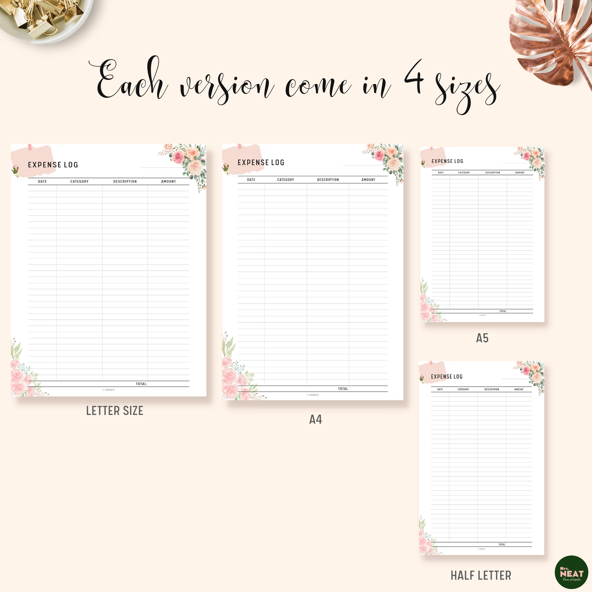 Floral Expense Log Tracker Printable Planner in A4, A5, Letter and Half Letter size