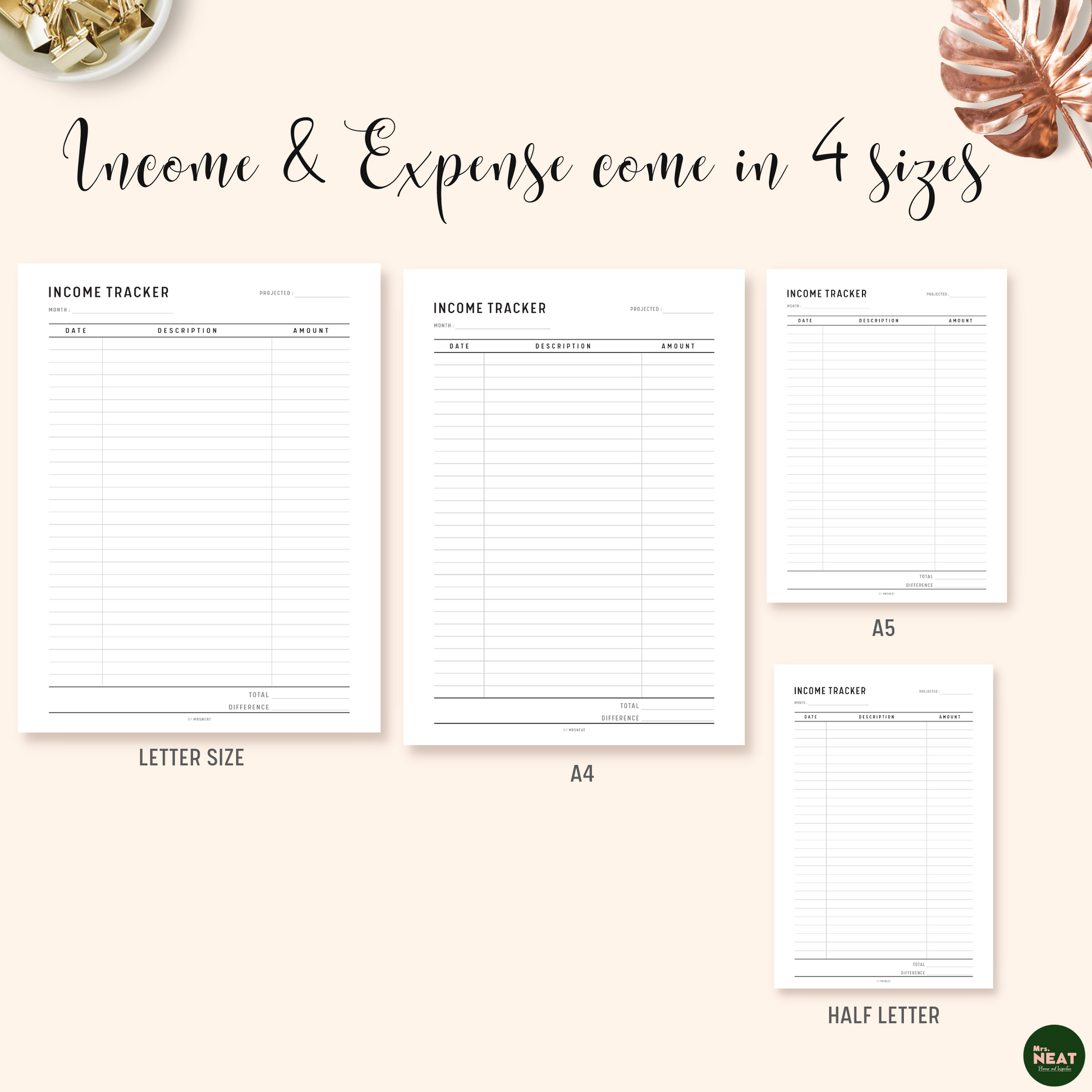 Minimalist Income and Expense Tracker Planner in A4, A5, Letter and Half Letter size