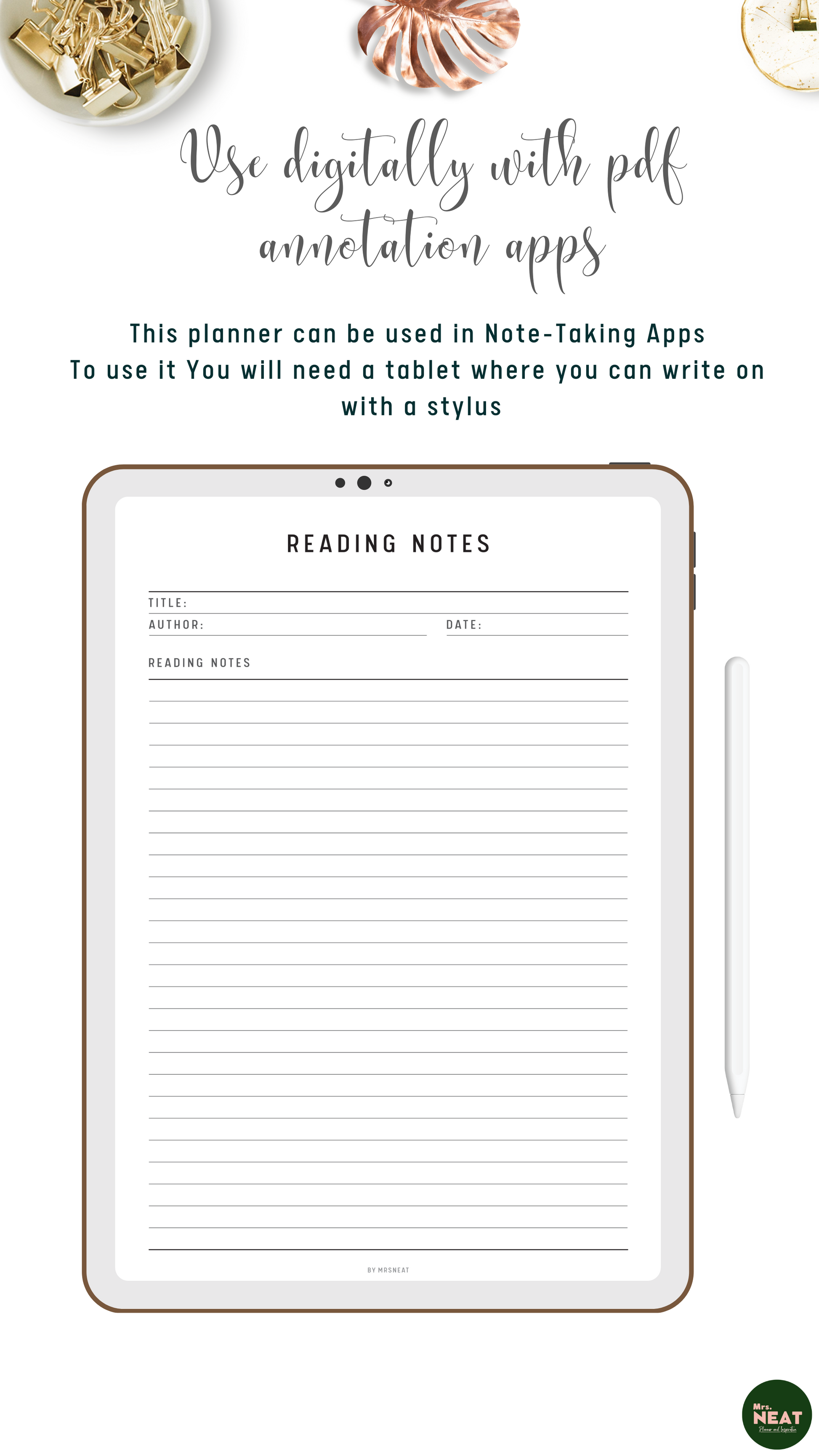 Beautiful and clean Reading Notes Planner use digitally on tablet and stylus with pdf annotation apps