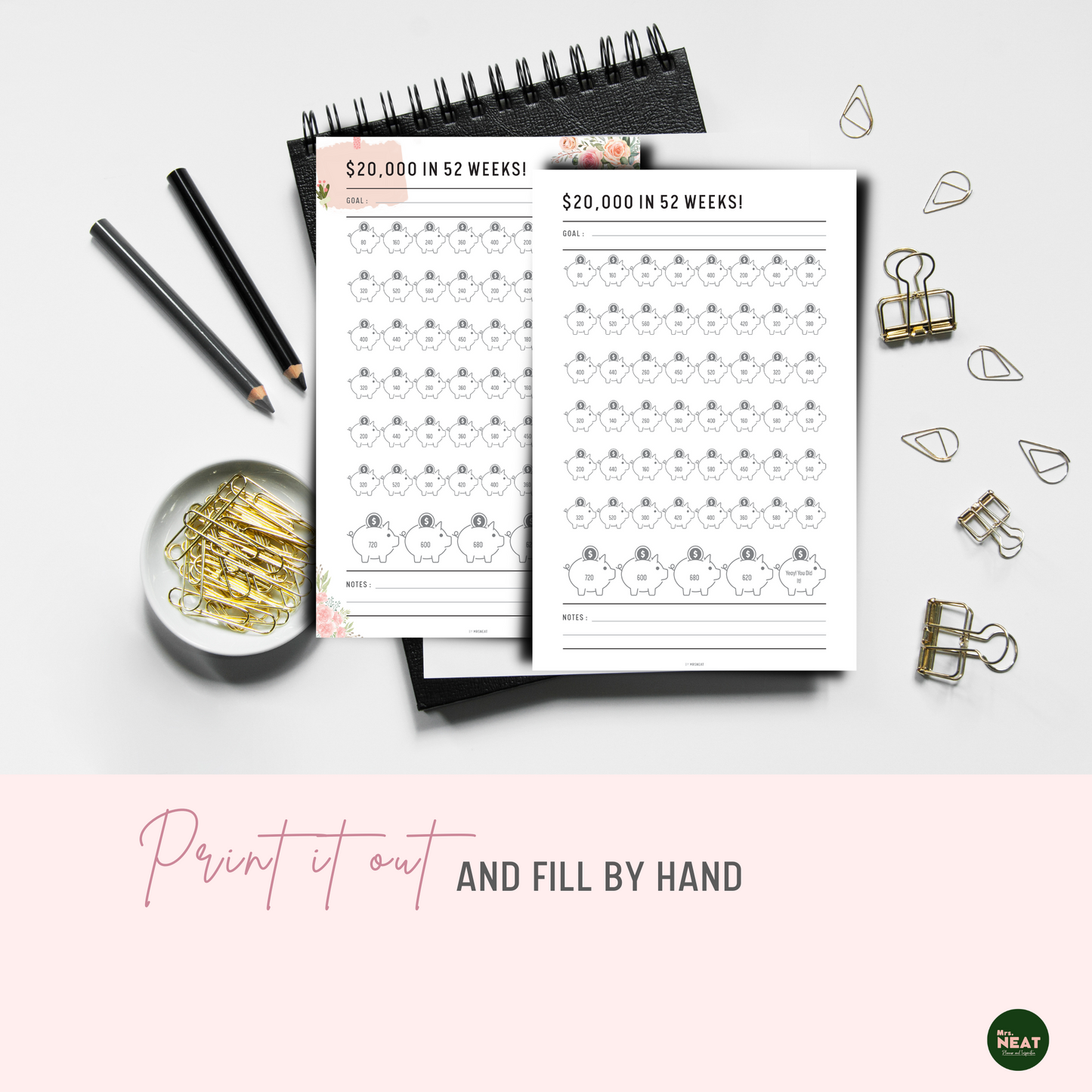 $20,000 Savings Challenge in 52 Weeks Printable Planner can be print out and fill by hand