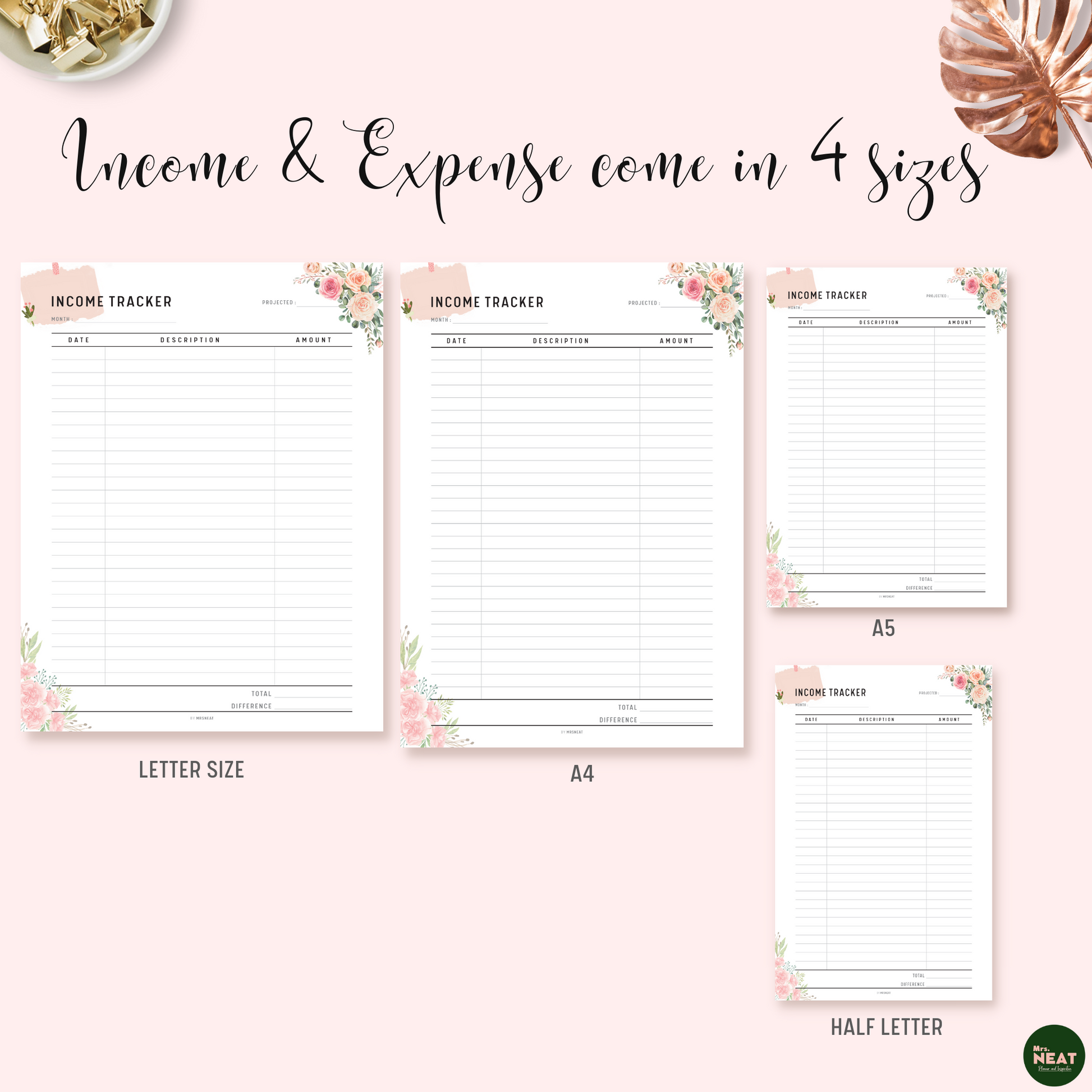 Floral Income Tracker Planner in A4, A5, Letter and Half Letter size