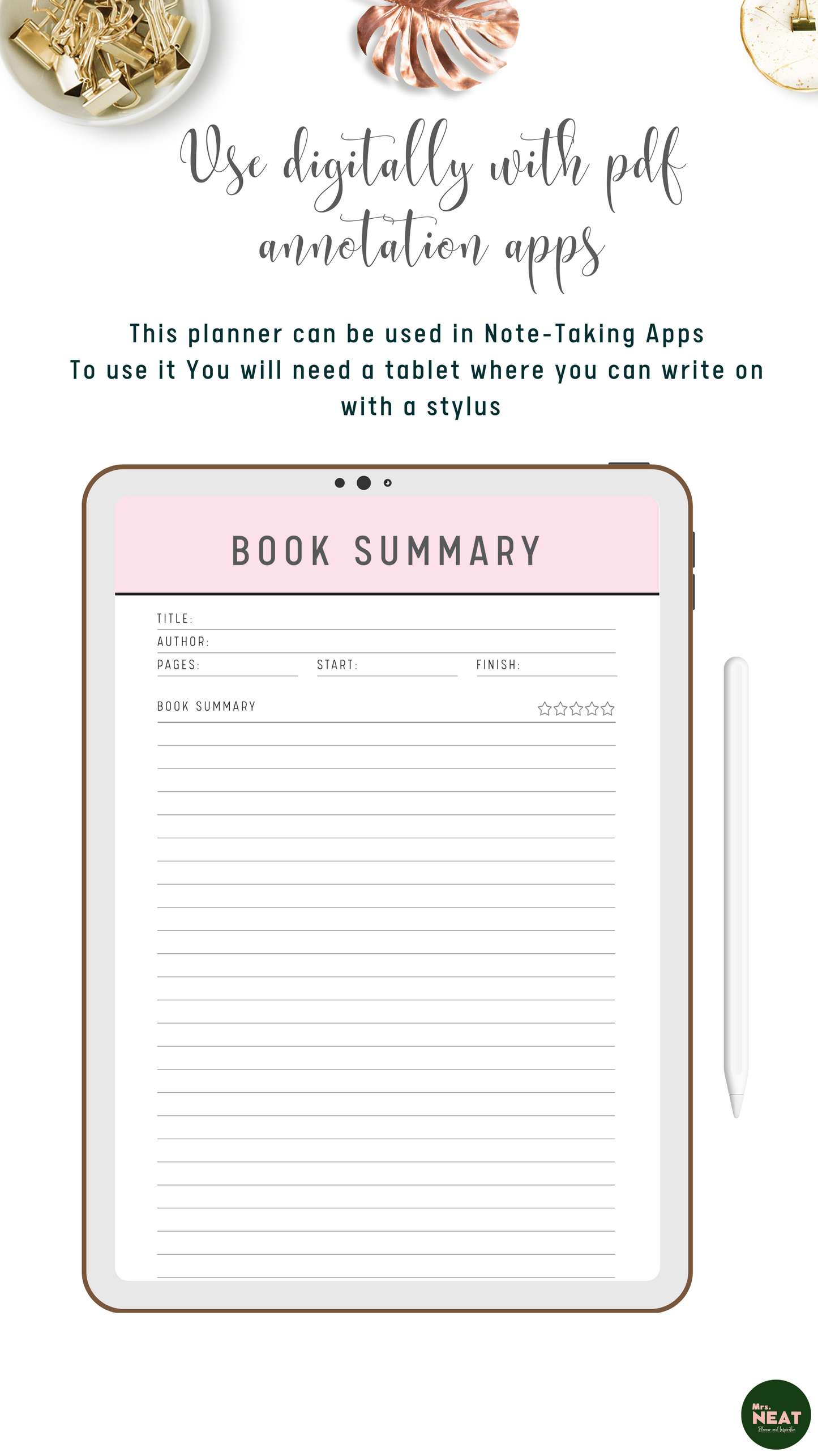Beautiful and minimalist Book Summary Planner use digitally on tablet and stylus with PDF Annotation apps
