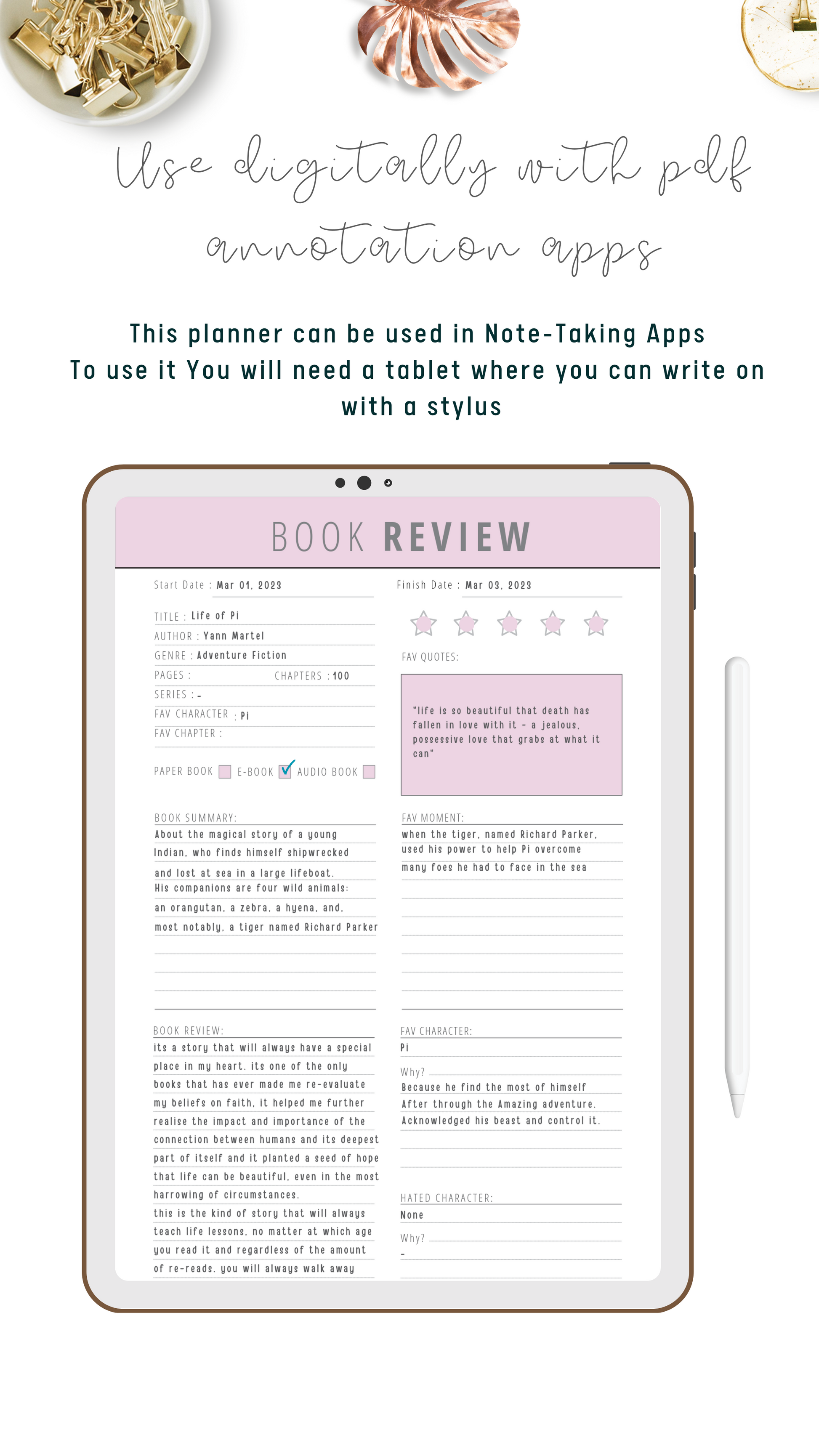 Cute Purple Book Review Planner use digitally with PDF Annotation Apps