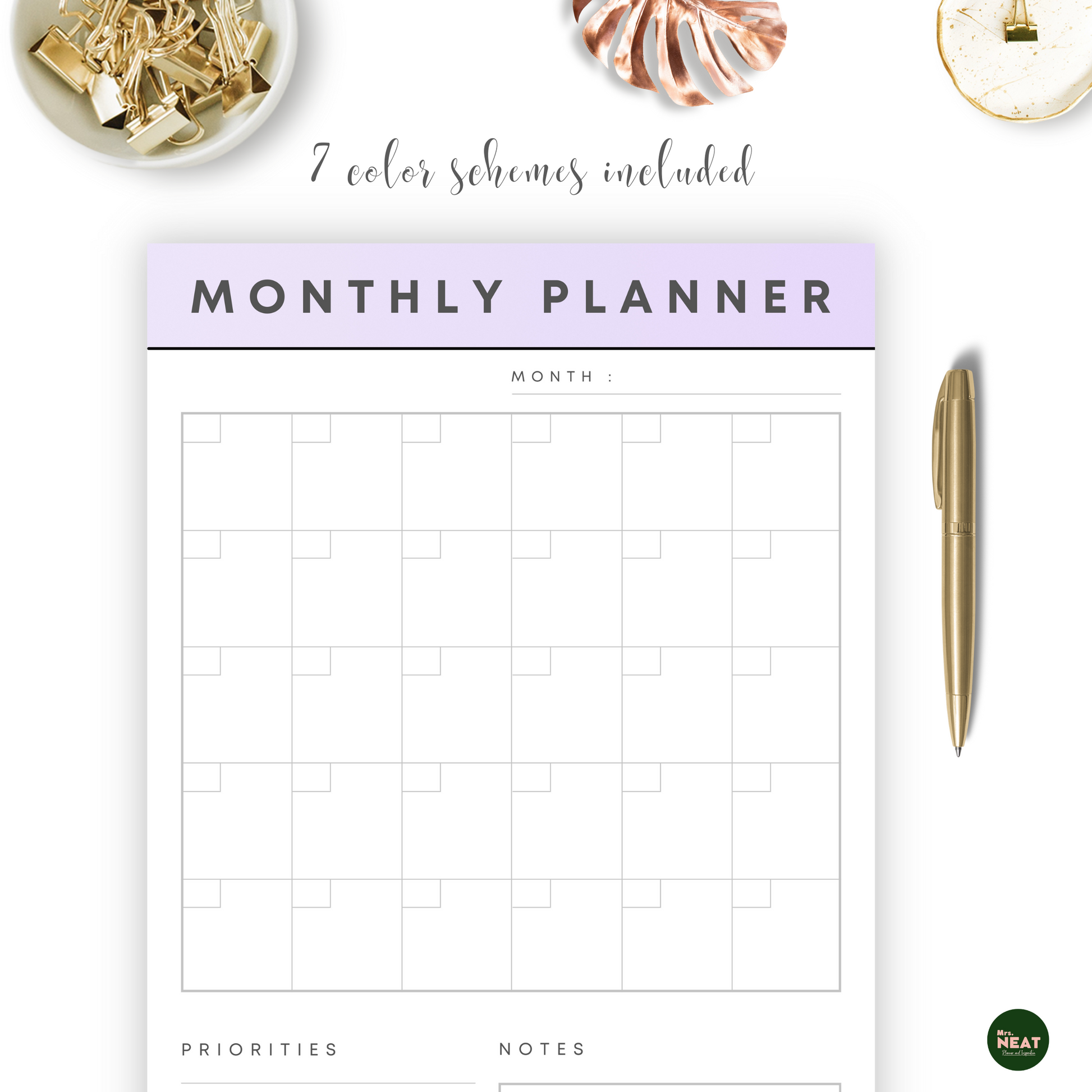 Cute Purple Monthly Planner with room for Priorities and notes