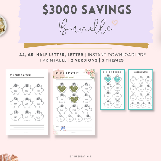 $3000 Saving Challenge Planner for 8 Weeks and 12 Weeks and in Beauty Green Color