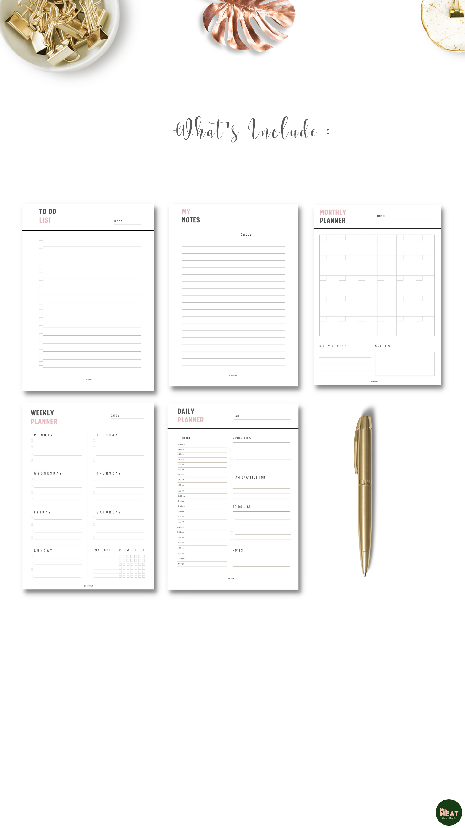 5 pages of Clean and cute daily planner, notes page, weekly planner, to do list planner and monthly planner