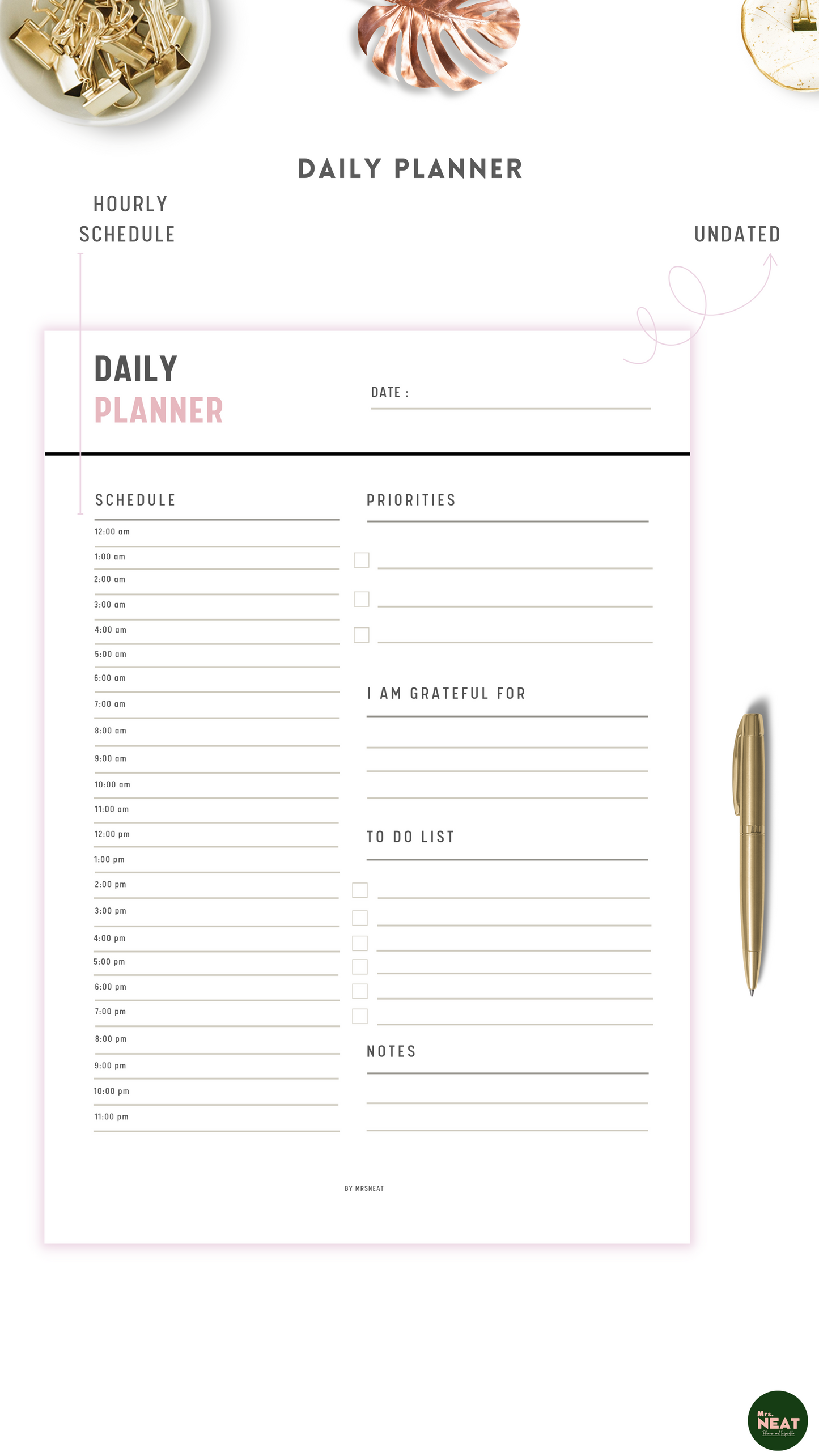 Minimalist and Clean Daily Planner with room for Hourly Schedule, Priorities, Notes, To do List and Grateful notes