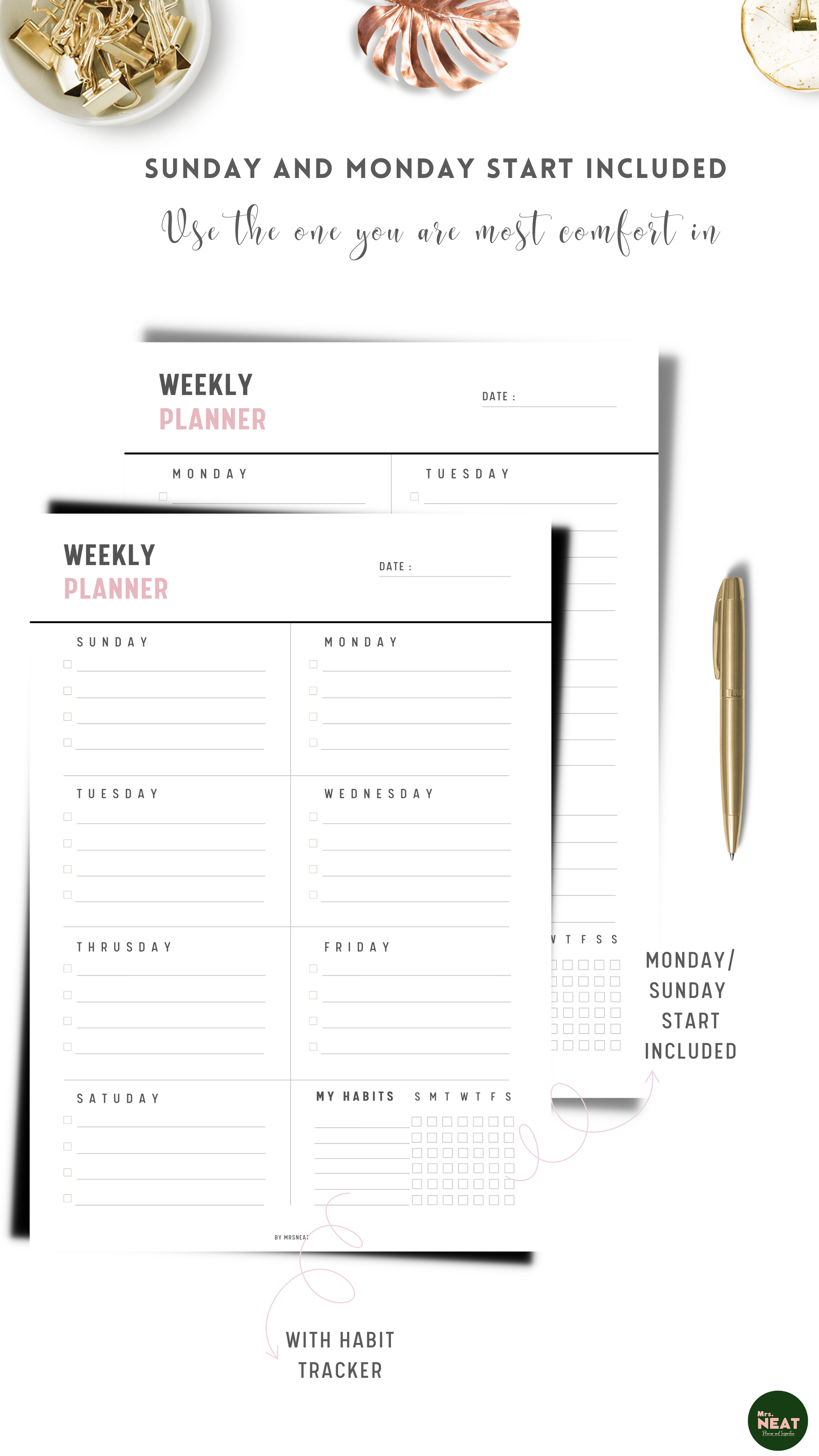 Beautiful and cute weekly planner with Sunday and Monday Start in Black Pink Font Color