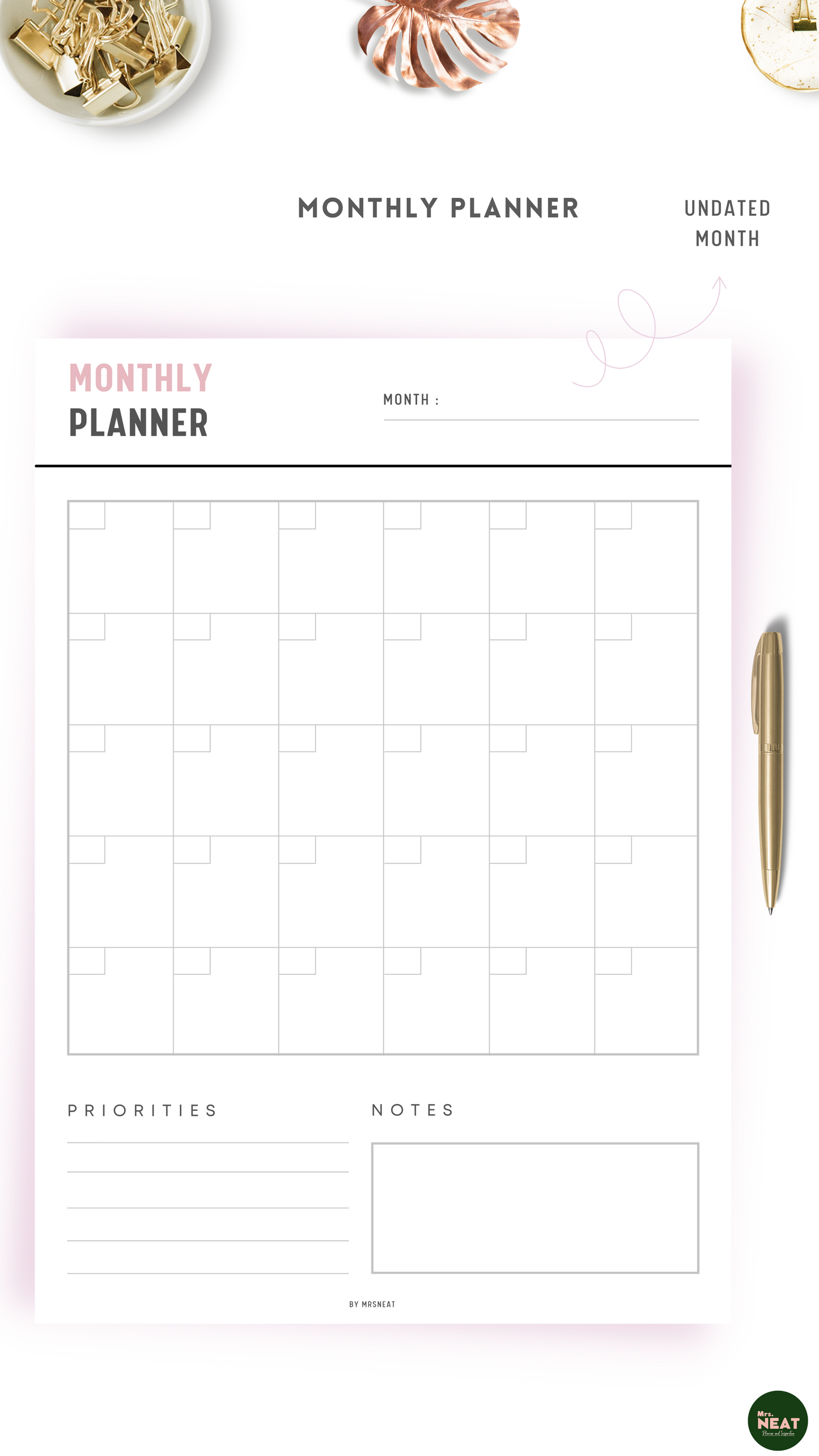 Beautiful and cute monthly planner with room for notes and priorities in black pink font color