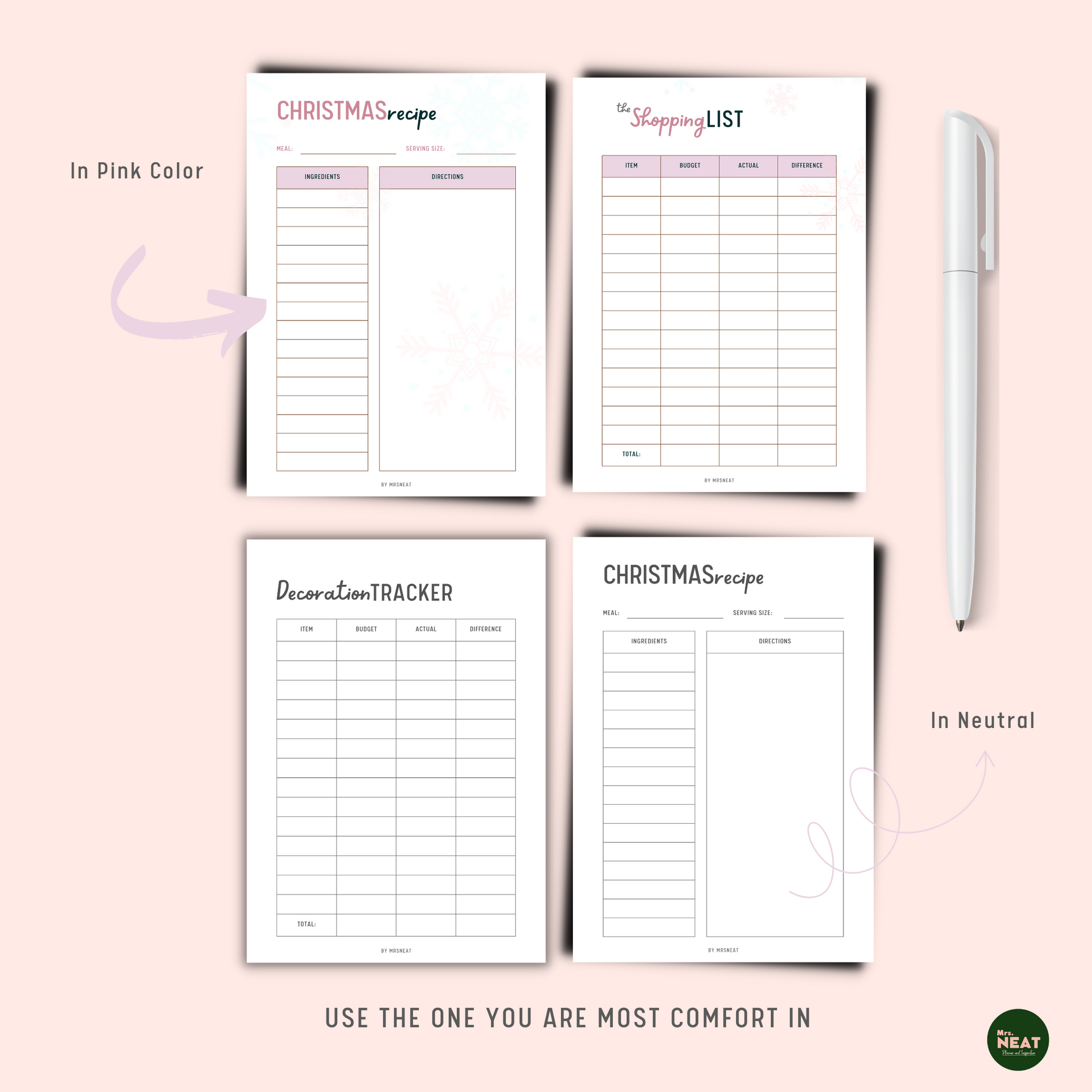 Christmas Recipe Planner, Shopping List Planner in Pink and Neutral Color