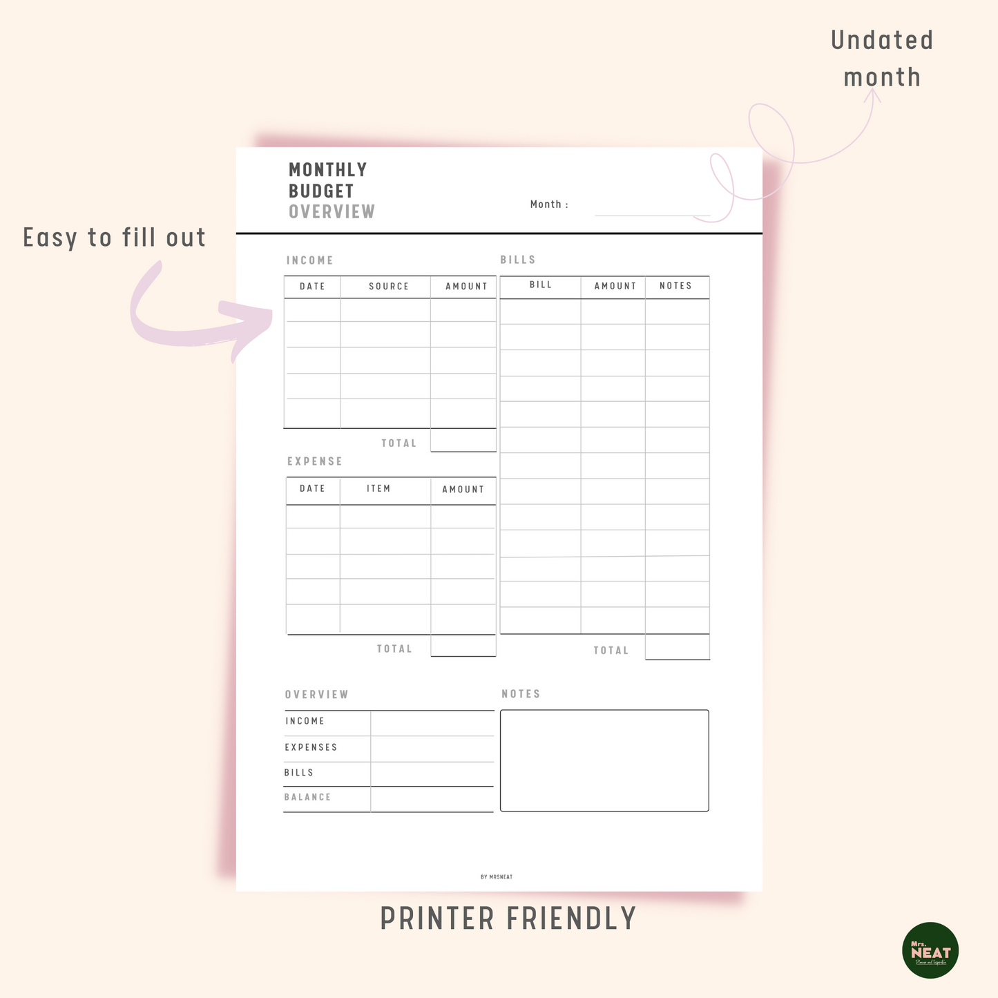 Minimalist Monthly Overview Planner with room for Income, Expense, Bill and Finance Overview