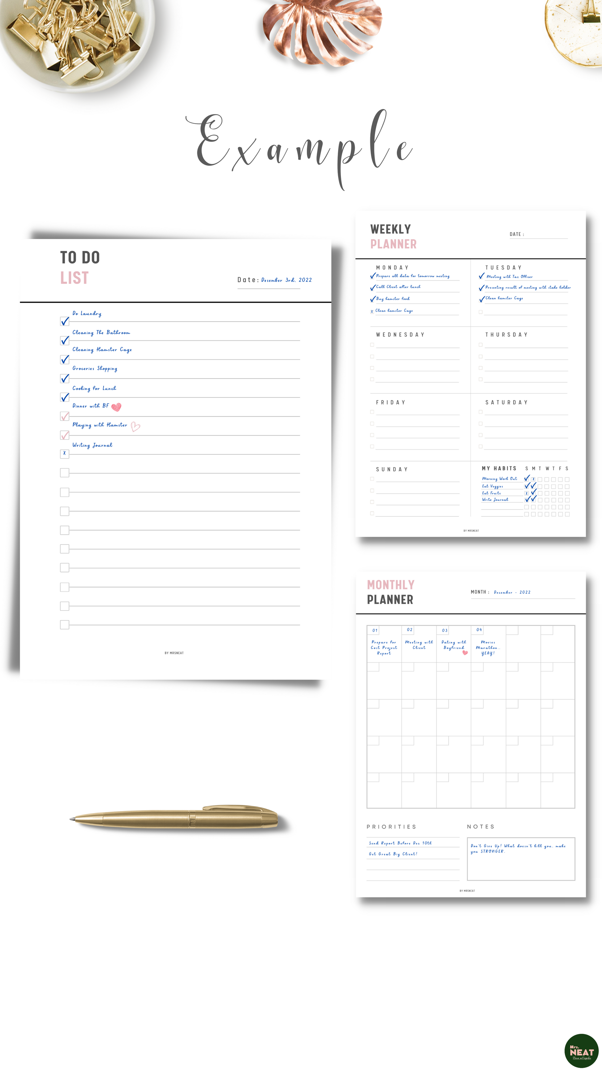 Minimalist and Clean To Do List Planner, Weekly Planner and Monthly Planner in Black Pink Font Color