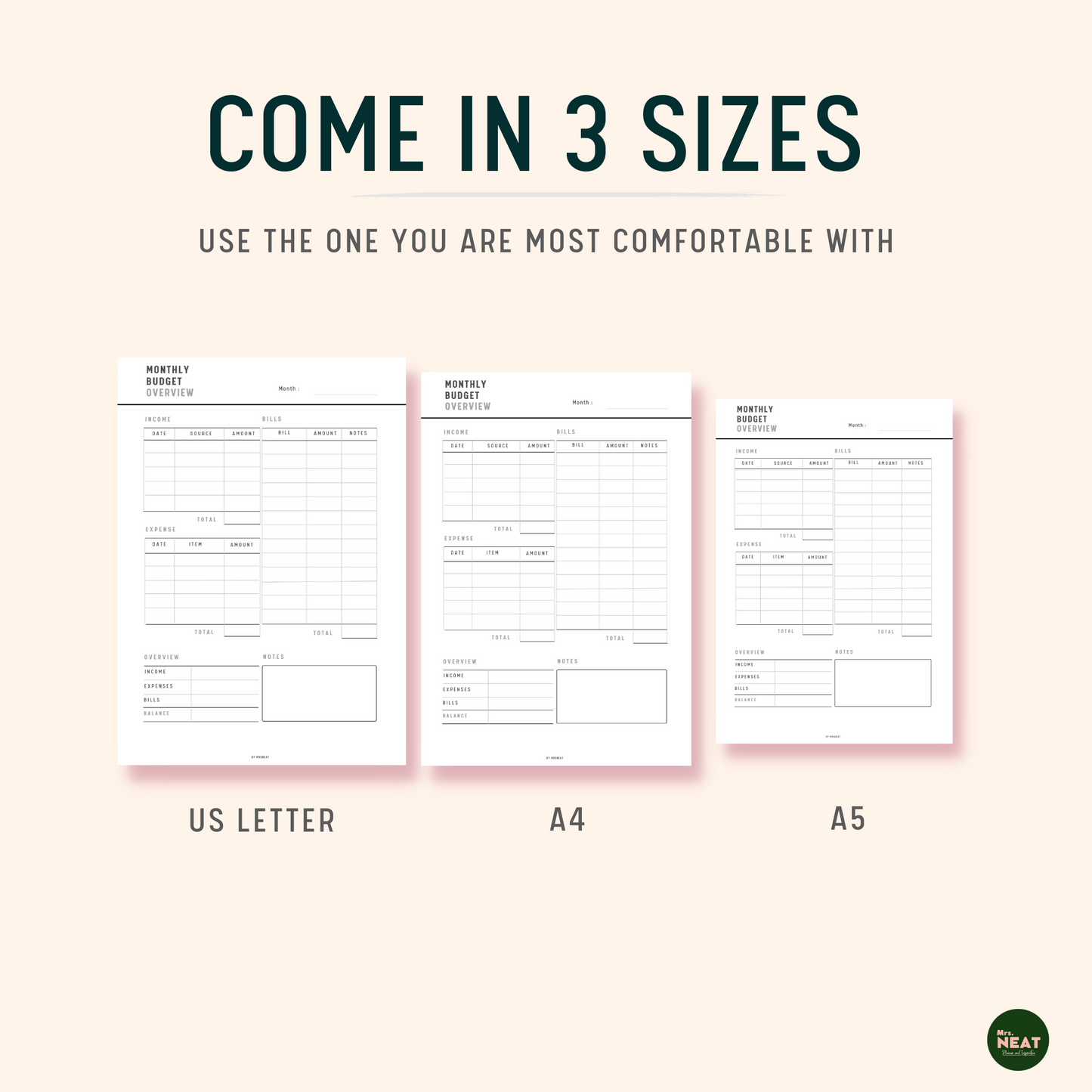 Minimalist and Clean Monthly Budget Overview Planner in Letter size, A4, and A5 size